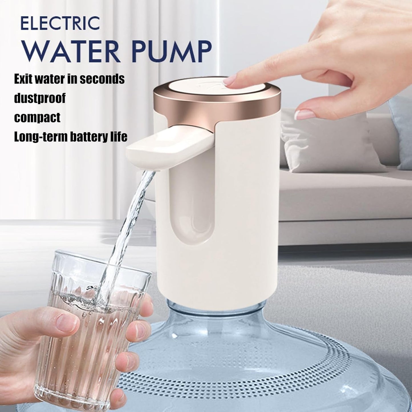 Close-up of the stainless steel spout and one-touch button on the automatic water dispenser.
