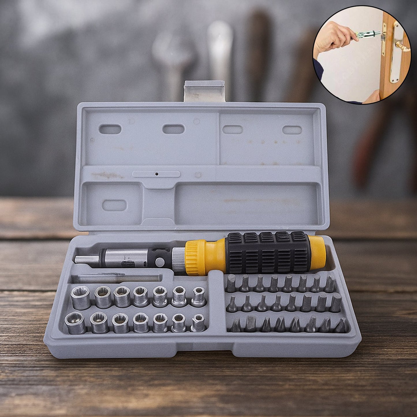 The 41-piece socket and screwdriver tool kit neatly organized in its durable plastic carry case.