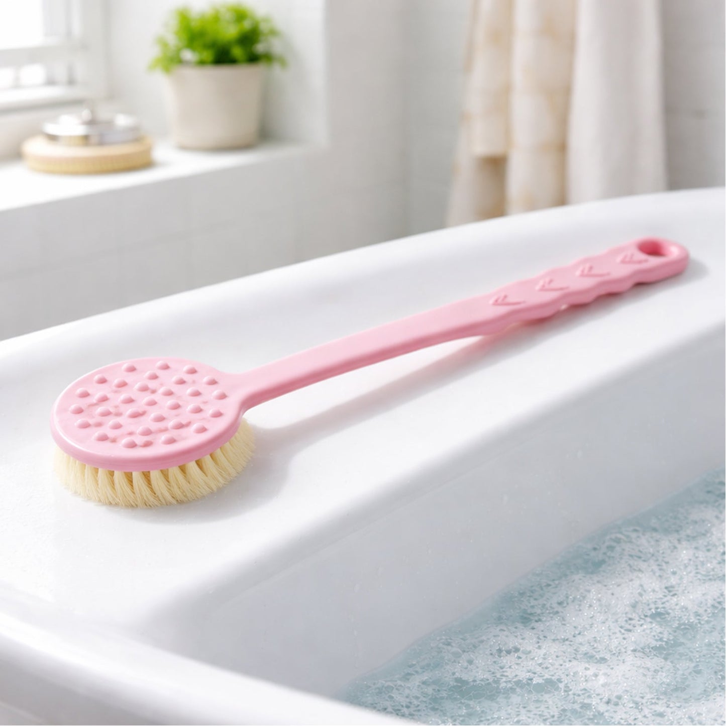 Velvet Wipe back scrubber displayed in a clean, modern shower setting, ready for use.