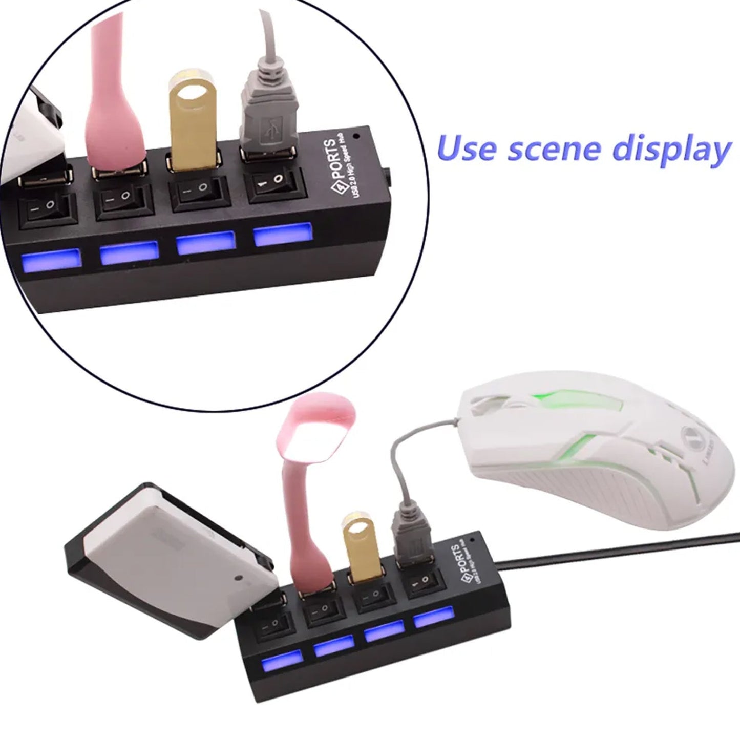 The 4-port USB hub with its individual power switches, ideal for efficient power management.