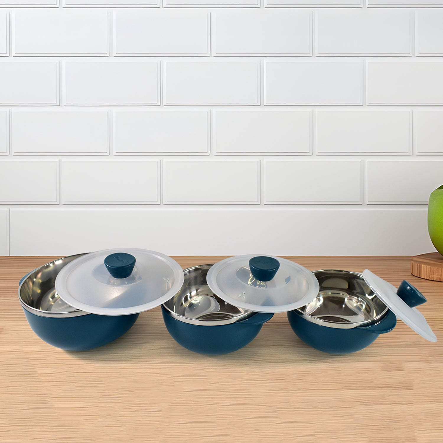Microwave-safe serving bowls by Apex in three different sizes