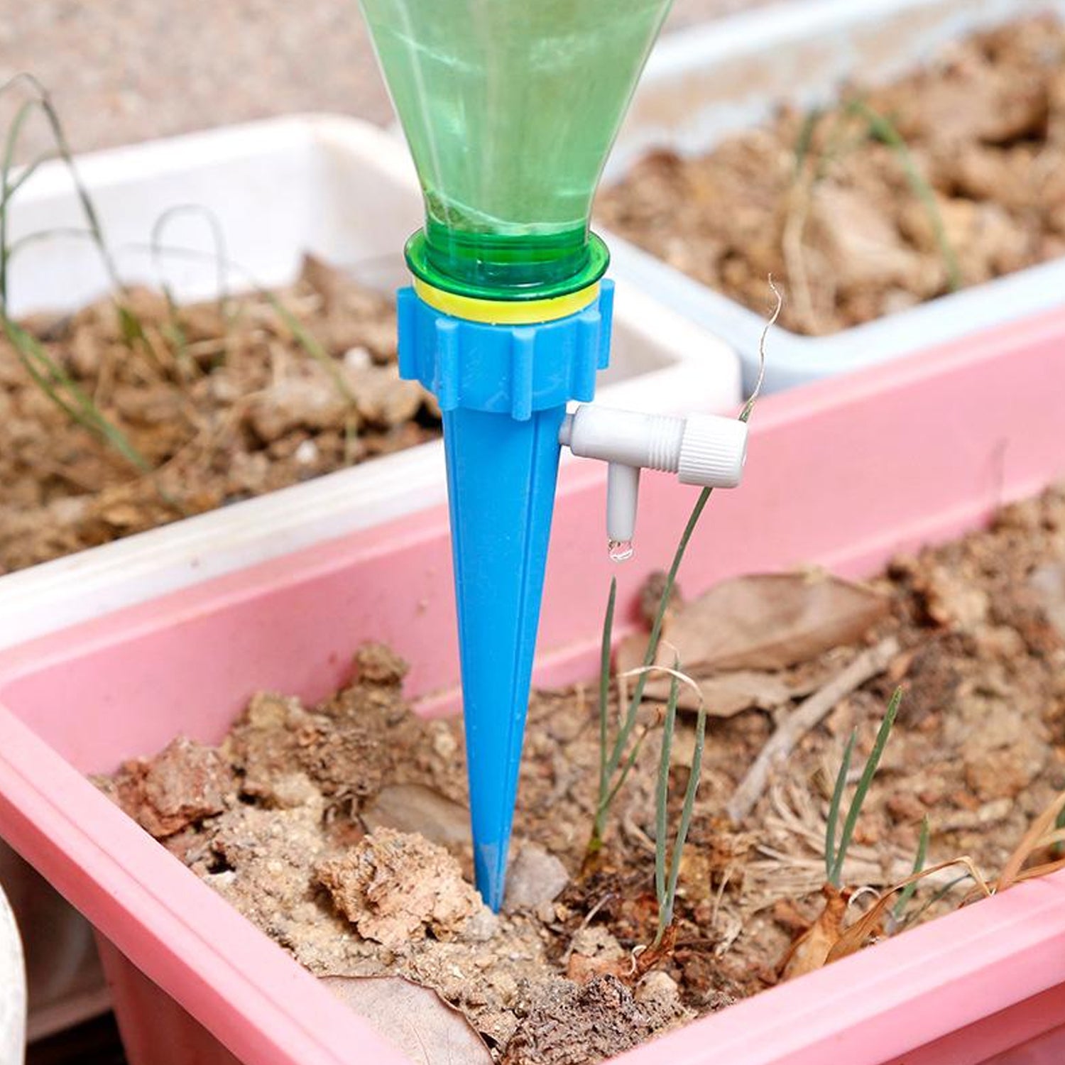 Close-up of the adjustable flow control valve on a plant watering spike.