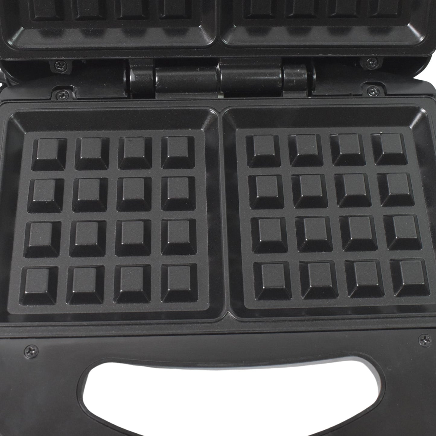 Close-up of the cool-touch handle and indicator lights on the Dabster sandwich maker.