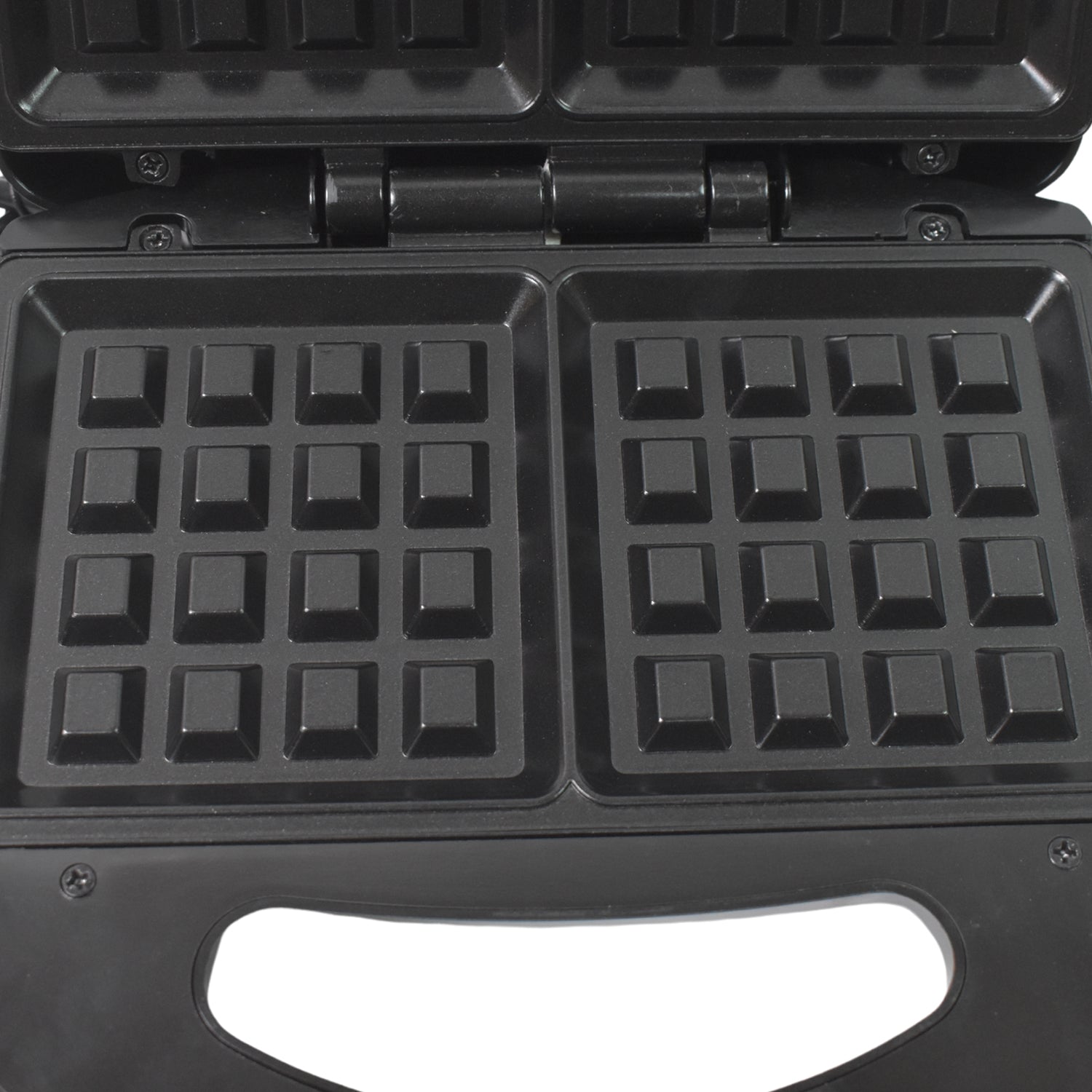 Close-up of the cool-touch handle and indicator lights on the Dabster sandwich maker.