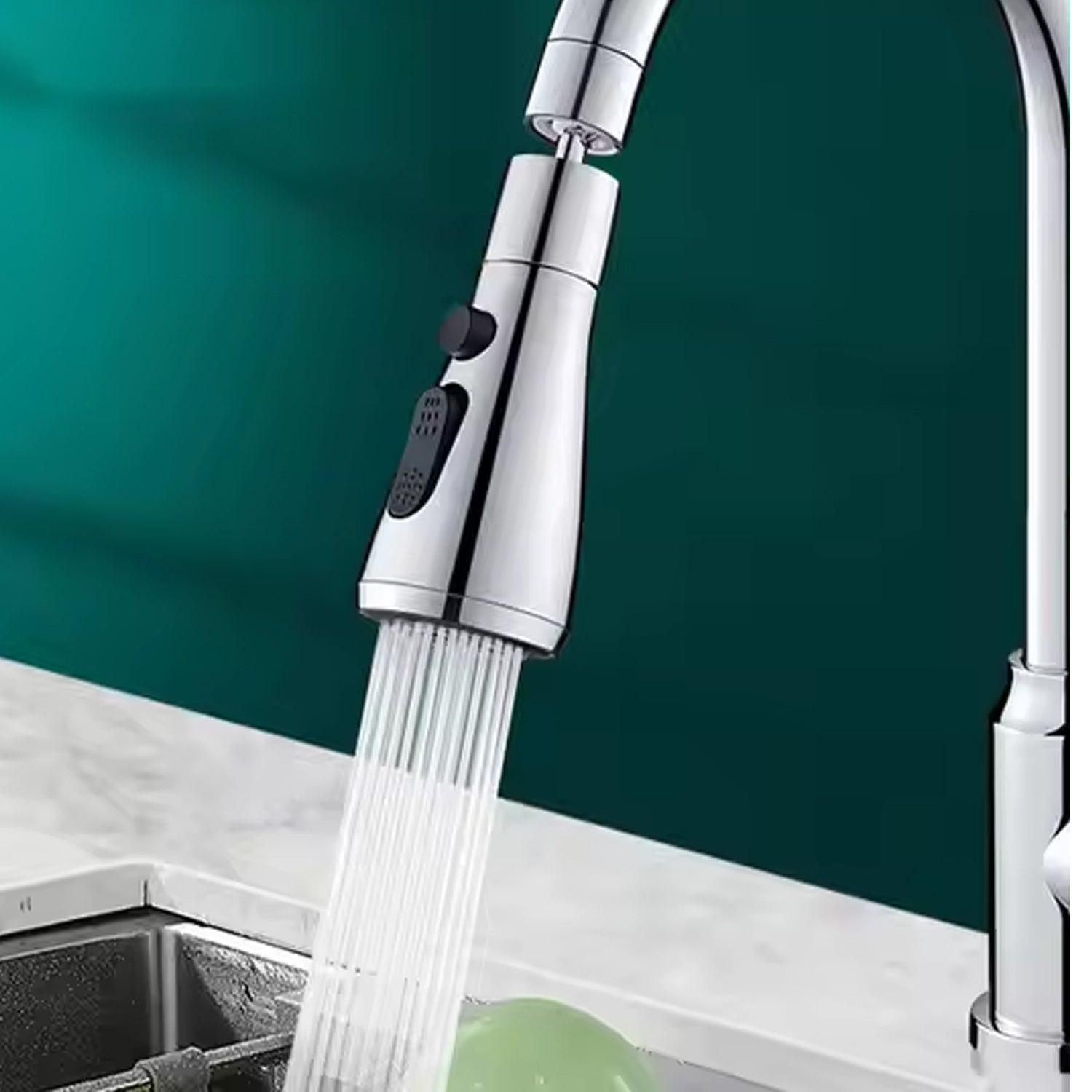 Detailed view of the brass and ABS construction of the kitchen faucet sprayer.