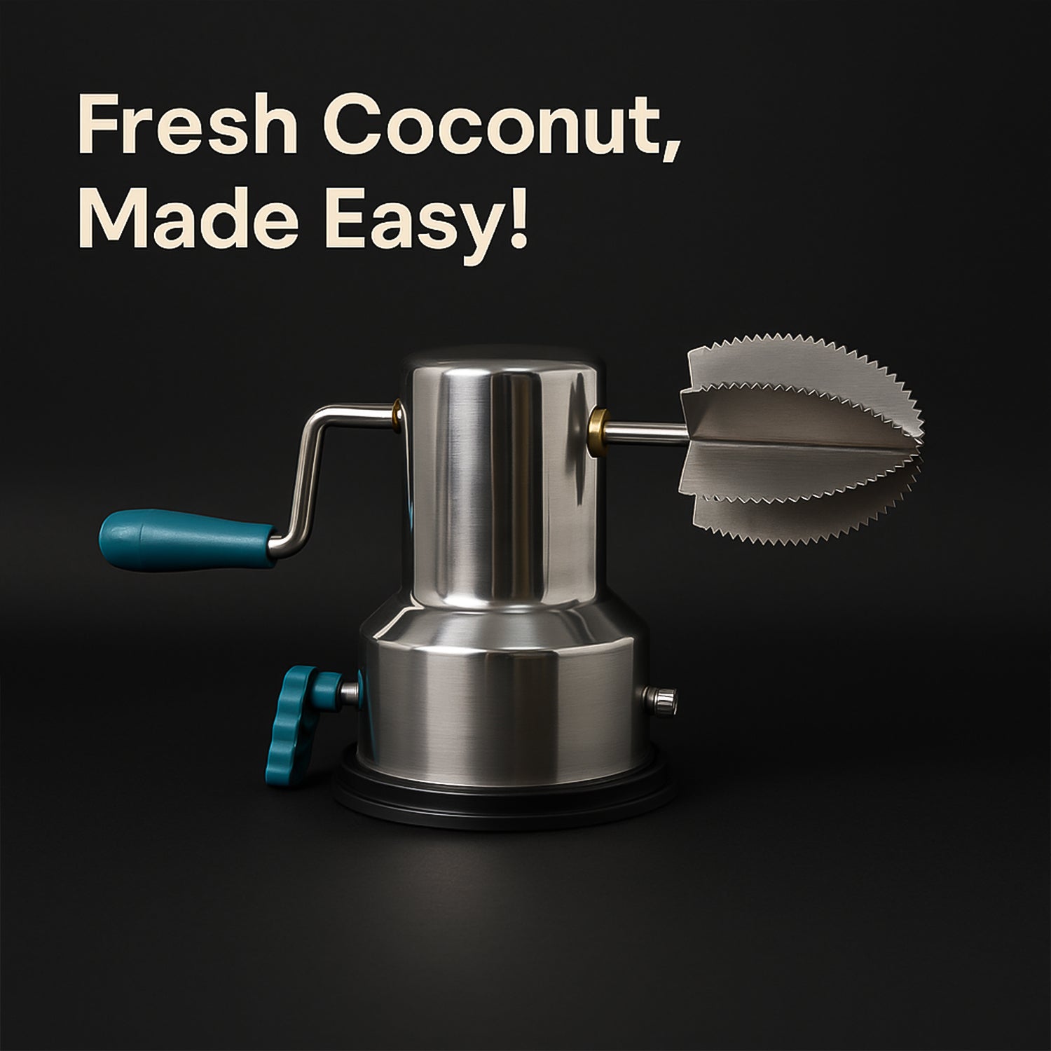 Manual coconut grater with serrated stainless steel blades and suction base