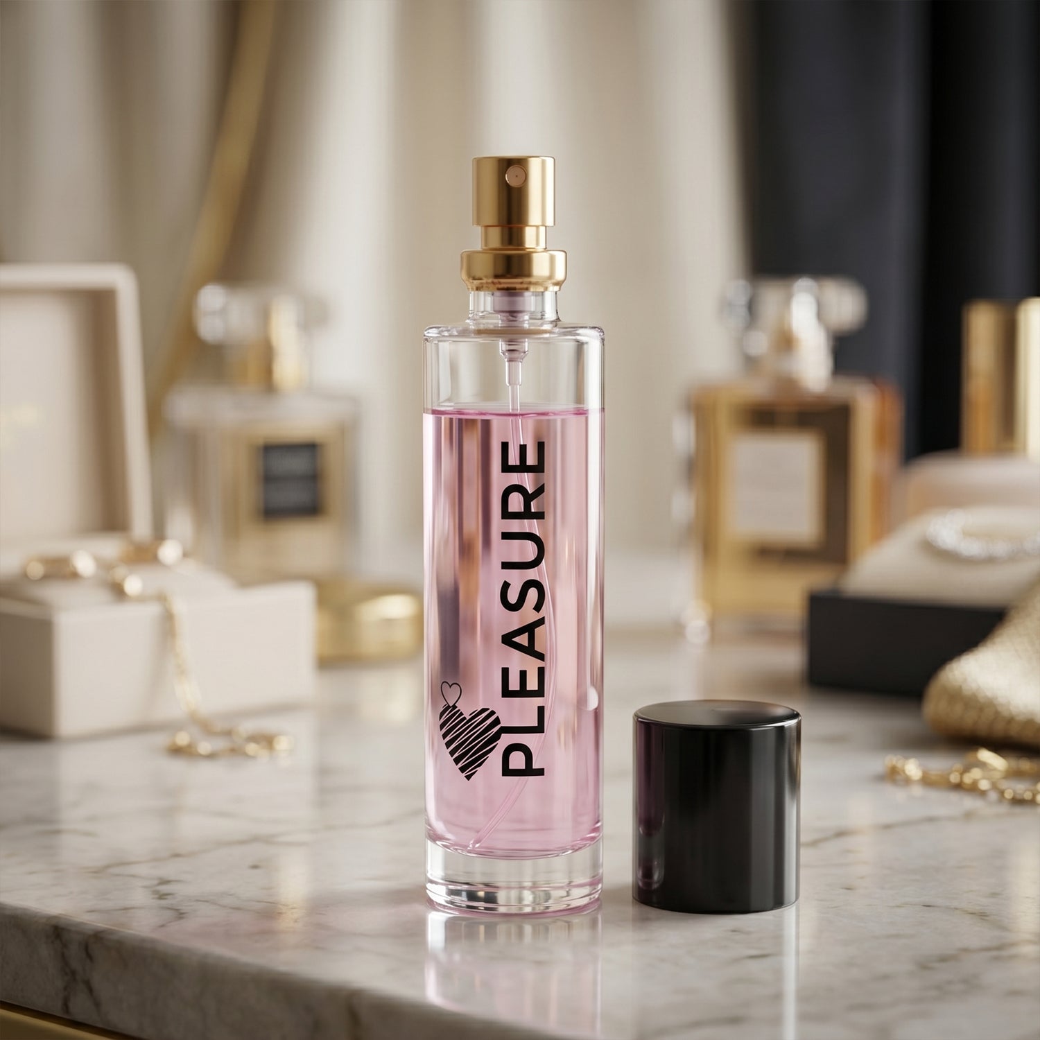 Side view of Pleasure floral perfume bottle