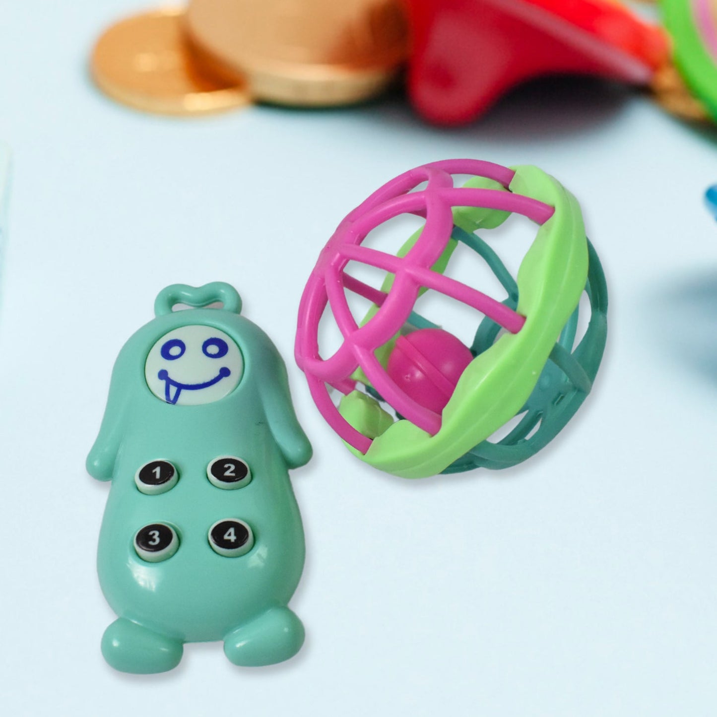 Joyful infant reaching for a colorful rattle, encouraging hand-eye coordination