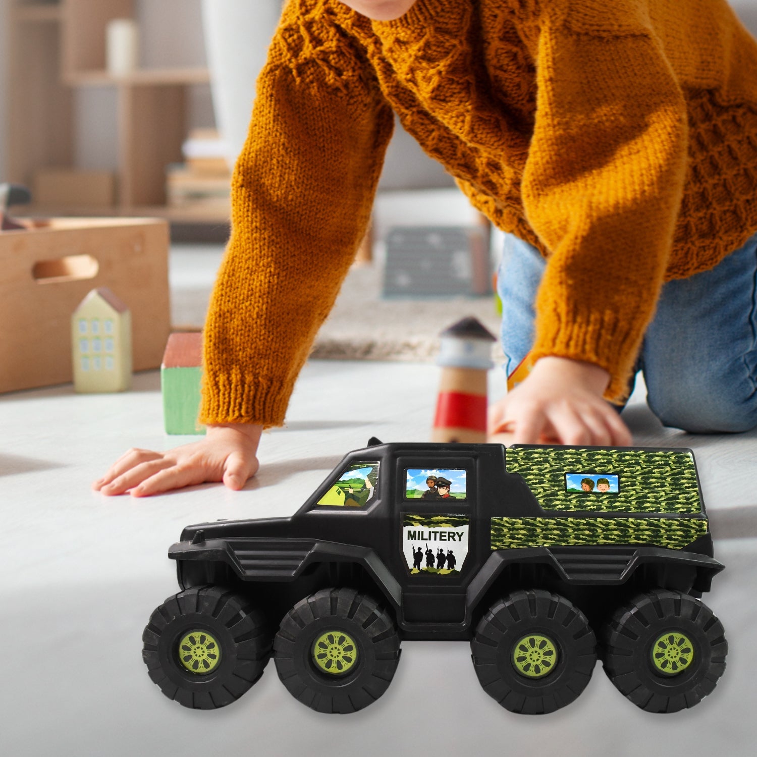 Close-up of the front of the 8-wheel military toy, highlighting its design.