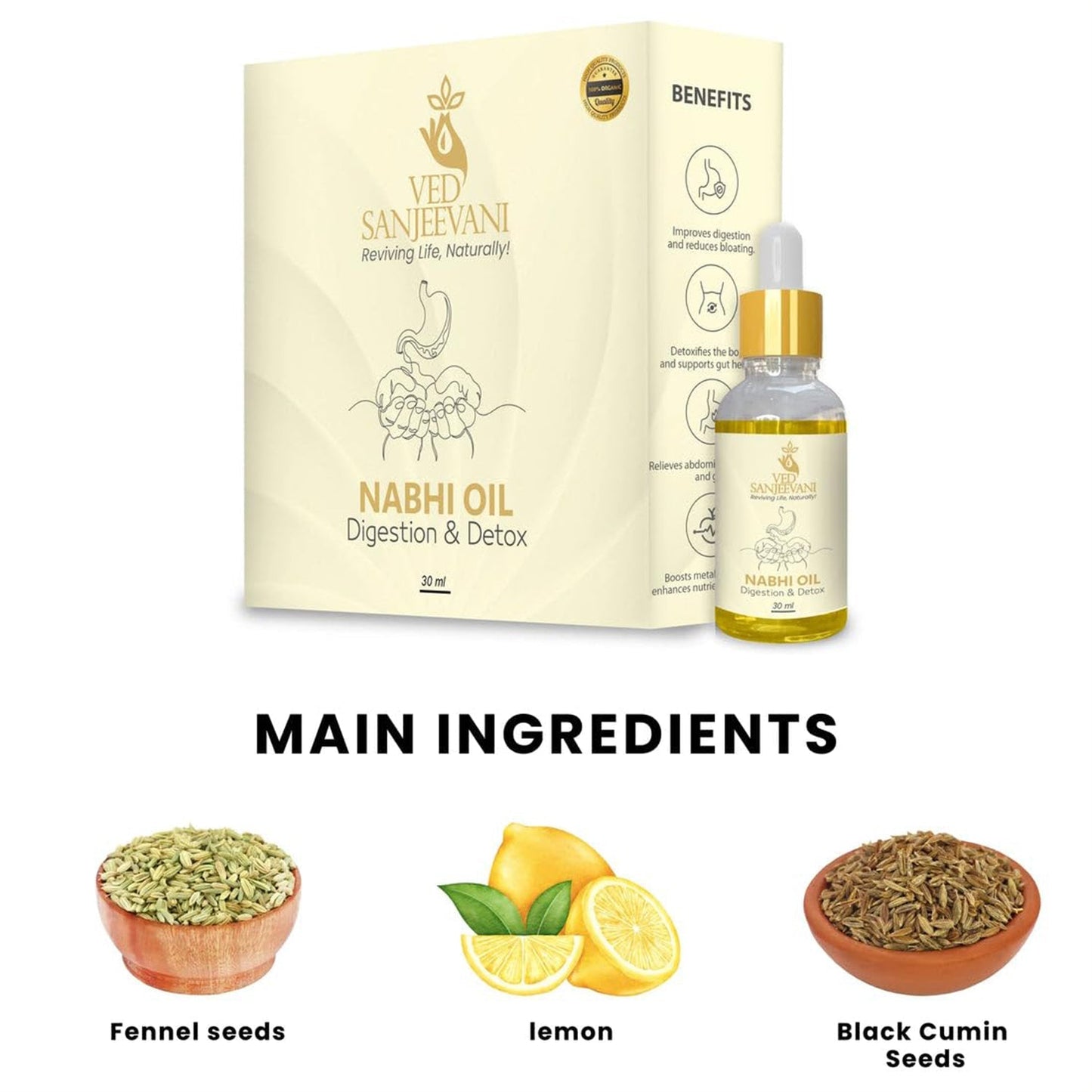 Ved Sanjeevani Digestion Nabhi Oil bottle with herbal ingredients background