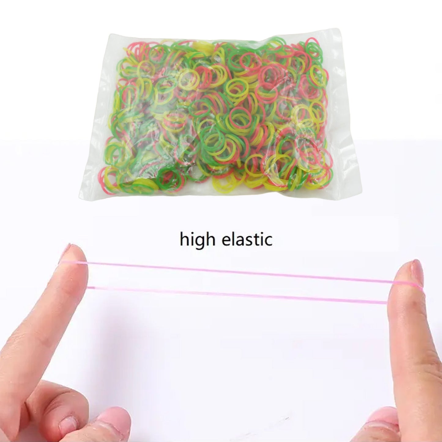Colorful elastic bands displayed, ideal for office, home, and kitchen organization.
