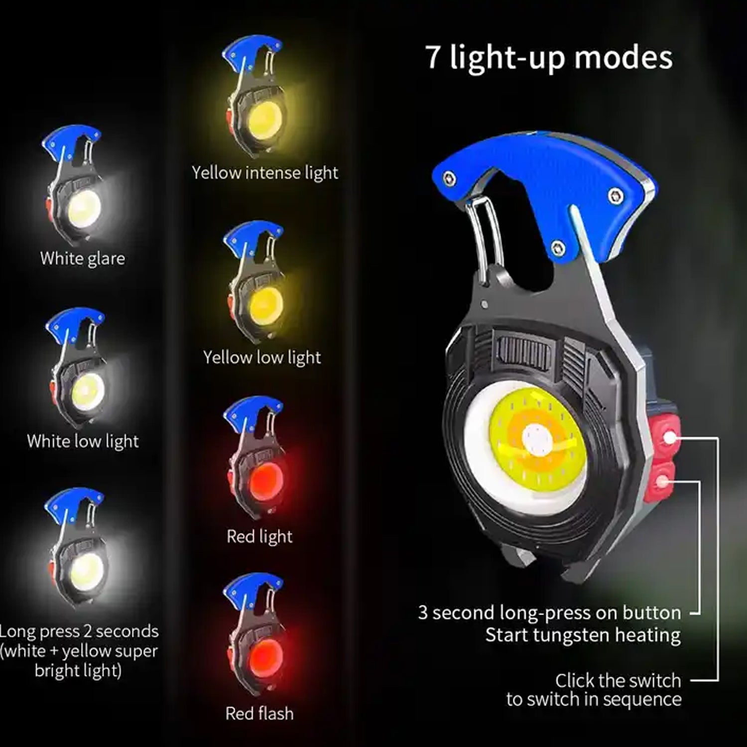 Multi-functional rechargeable LED keychain flashlight highlighting its USB charging port.