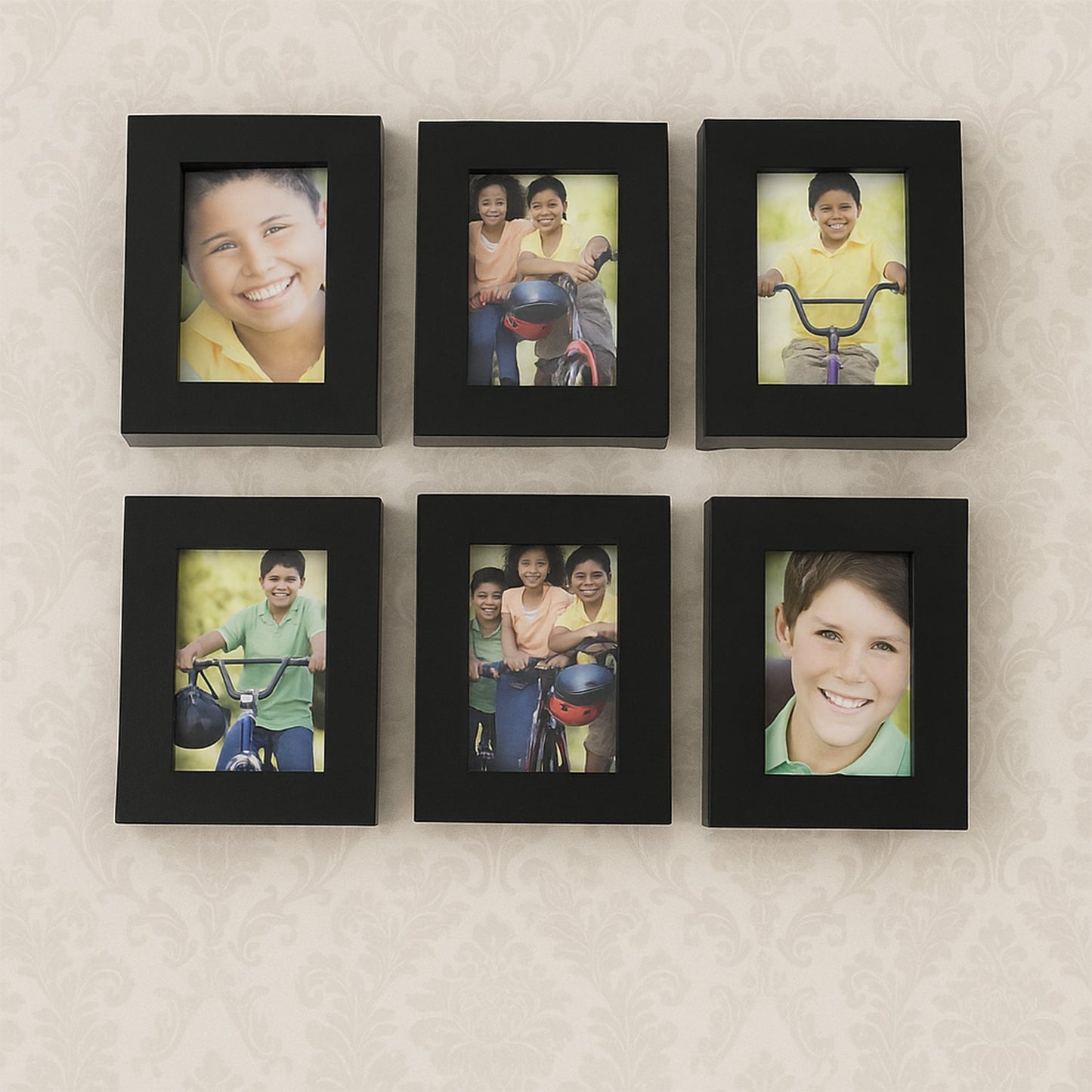Close-up of matte black frames in the 12-piece photo frame set