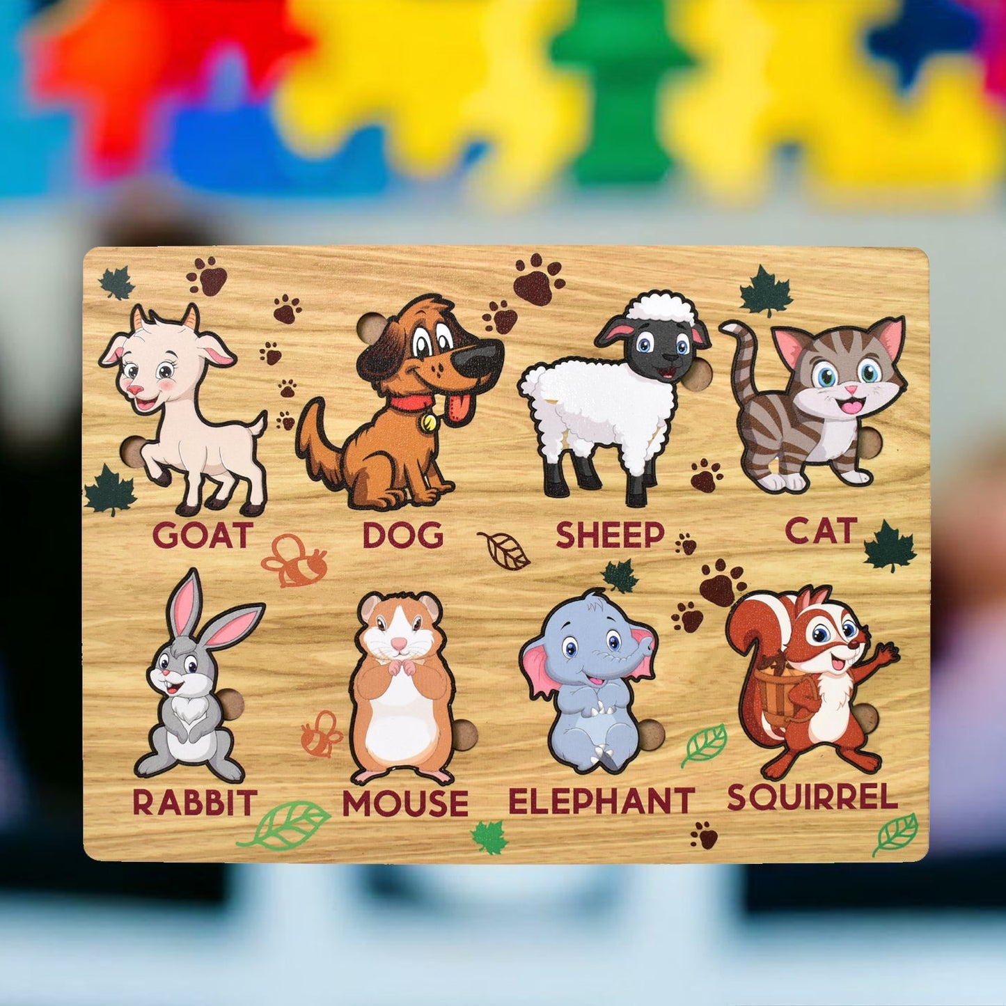 Child playing happily with the wooden animal puzzle on a playmat.