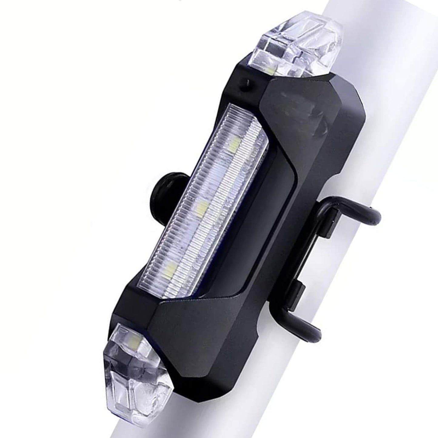Rechargeable LED bicycle light with USB charging port for convenient power.