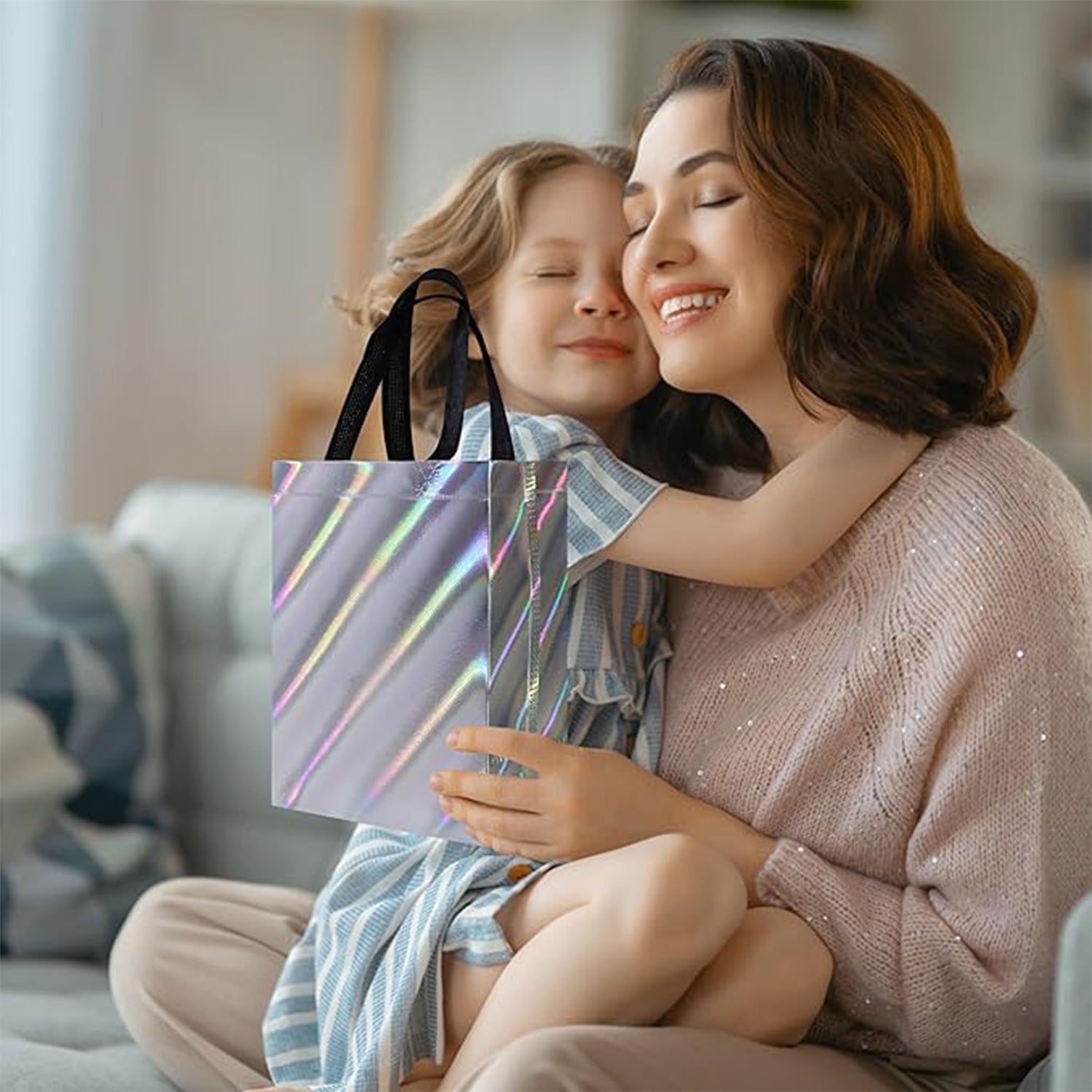 Reusable party gift bag with colorful printed design for birthdays