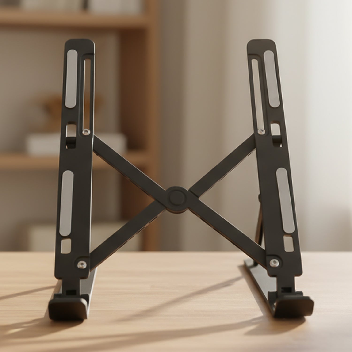 An adjustable tablet stand positioned on an office desk, promoting a comfortable and organized workspace.