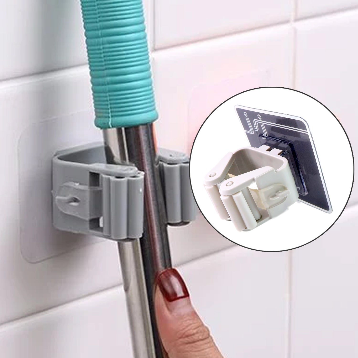 Multiple wall mounted mop & broom holders organizing various cleaning tools.