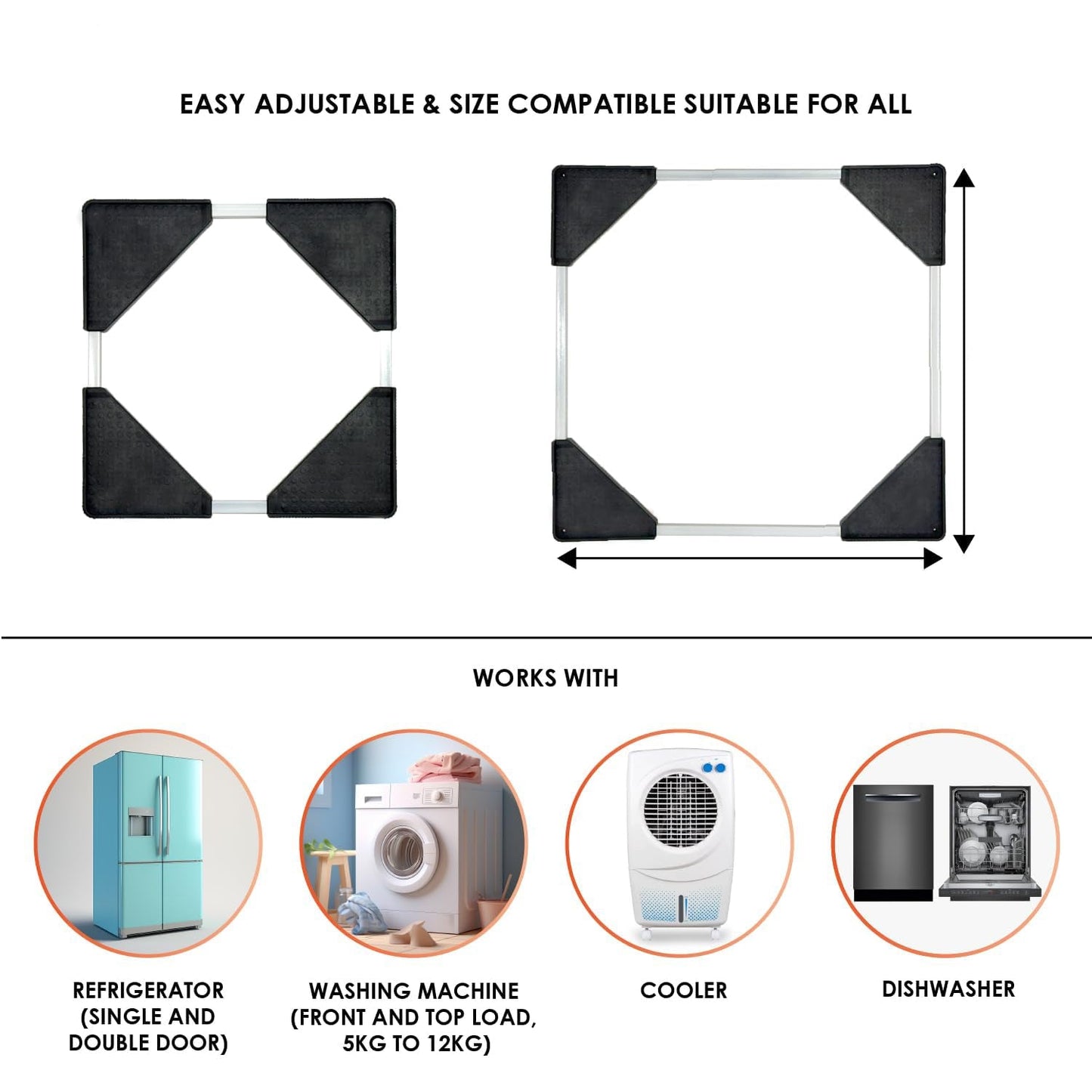Adjustable rods of the appliance stand base trolley for various appliance sizes
