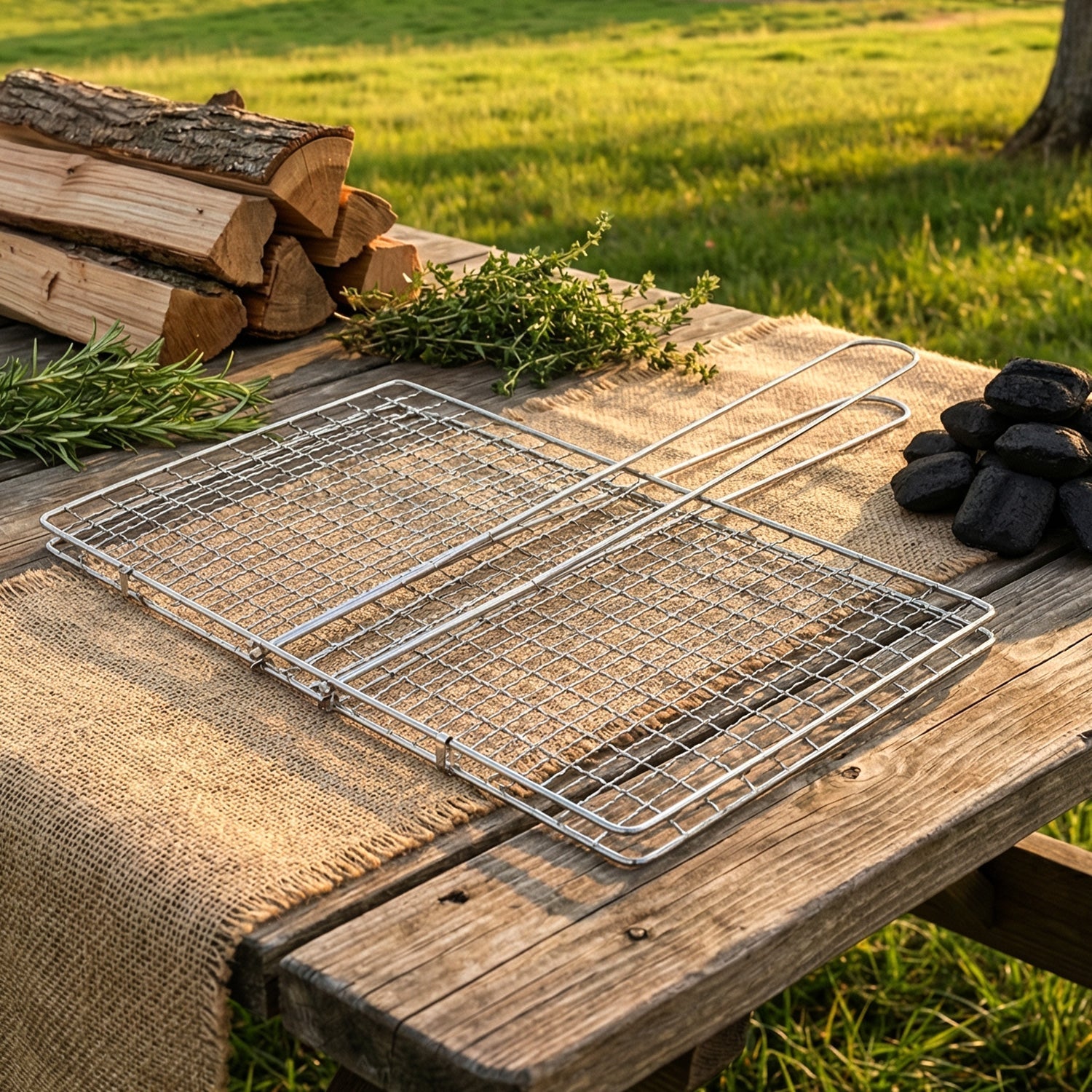 Long-handled stainless steel grill basket for safe outdoor grilling