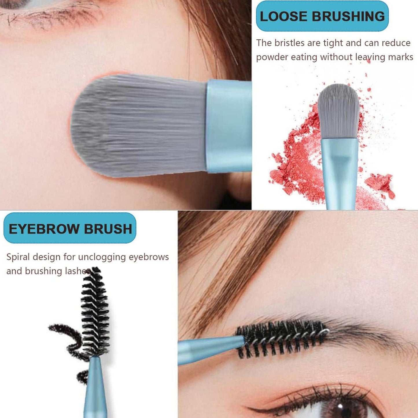 An array of individual brushes from the cosmetic brush set, showcasing different head shapes.