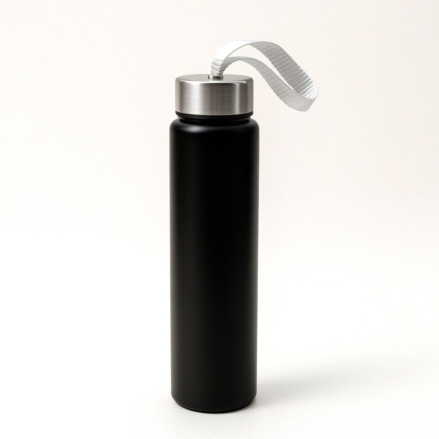 Lightweight stainless steel water bottle with attached strap for portability