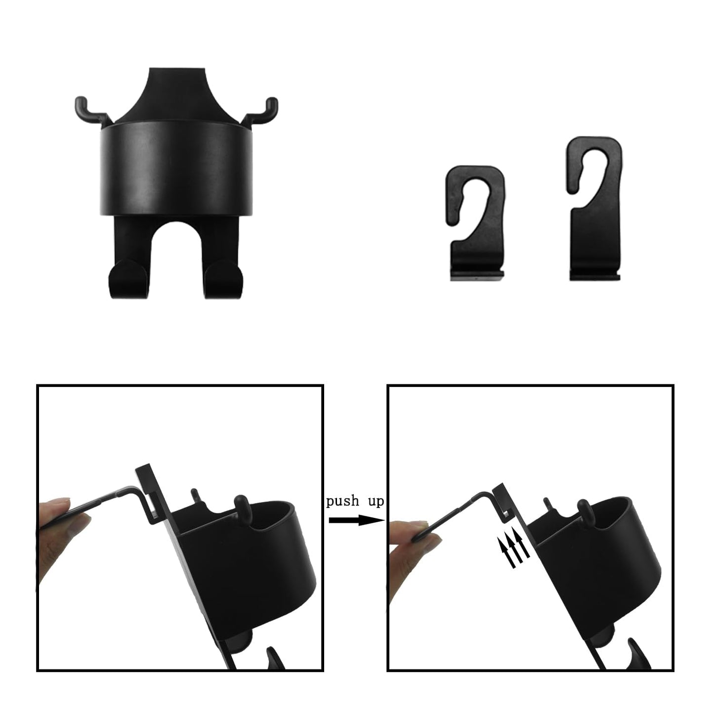 Multi-use car organizer displaying cupholder and hooks for car accessory storage