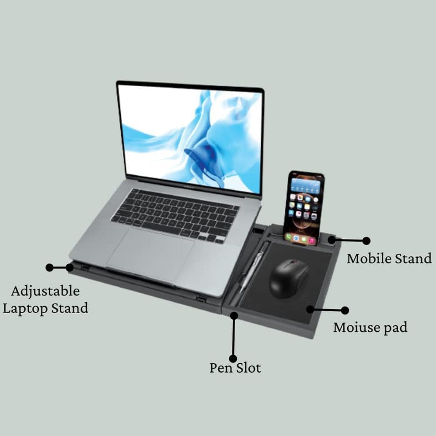 Foldable laptop stand supporting a notebook, showing the integrated phone holder.