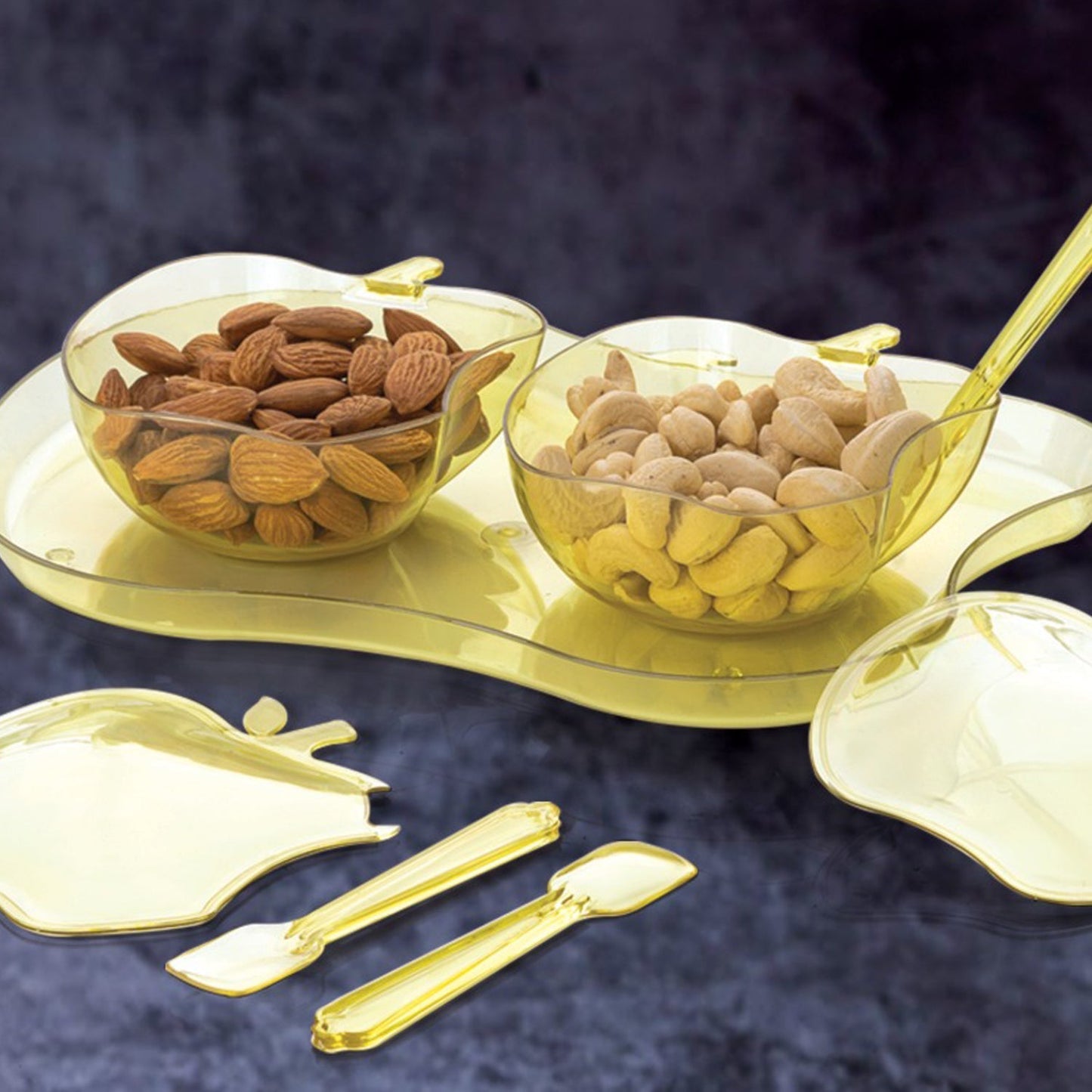Top view of the apple-shaped serving set, ideal for serving Indian snacks.