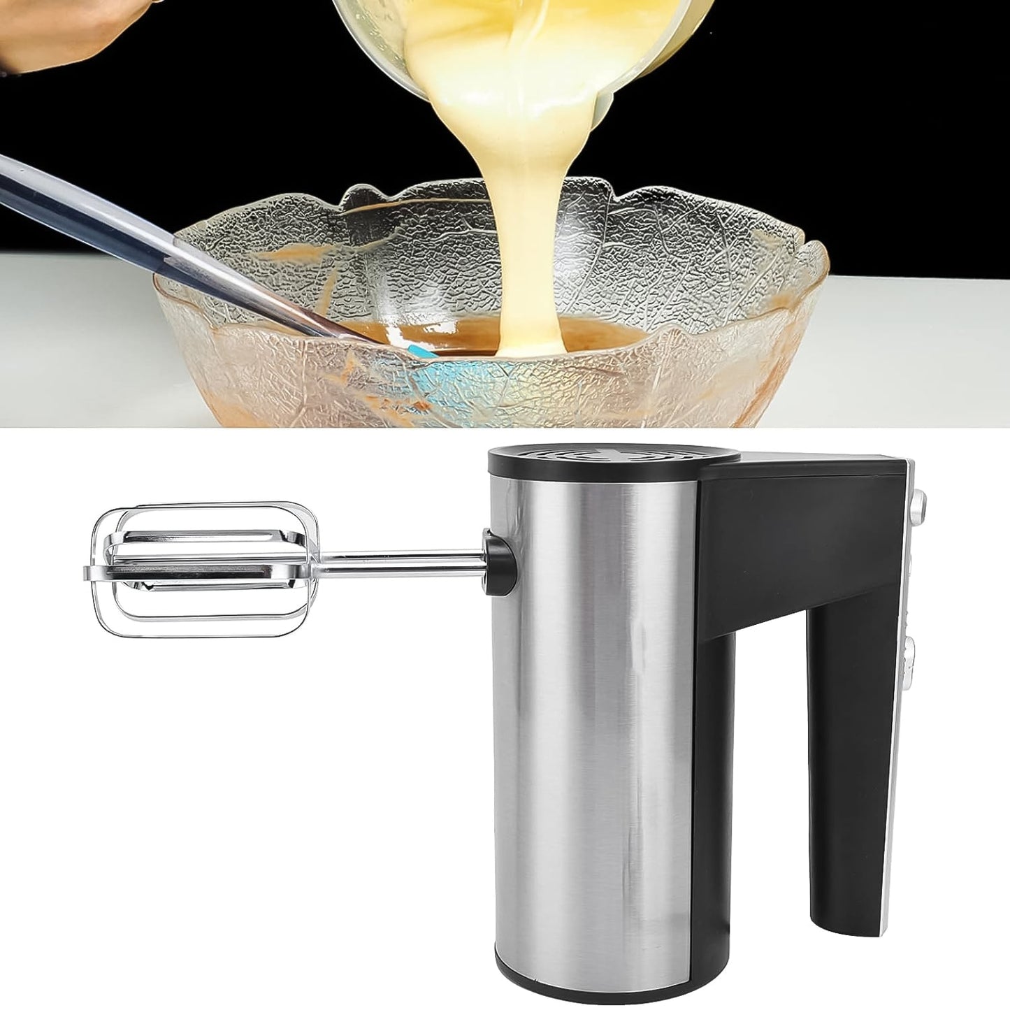 Electric hand mixer with quick-release stainless steel attachments