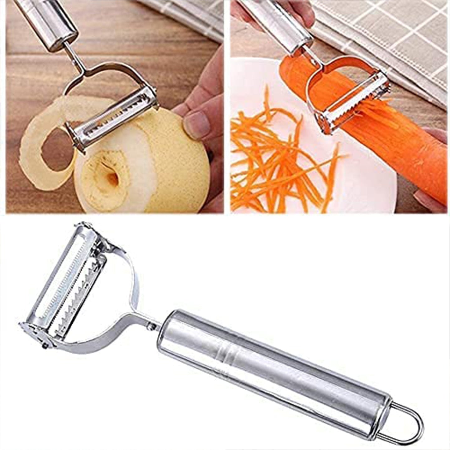 Components of stainless steel 3-in-1 peeler set displayed for kitchen prep