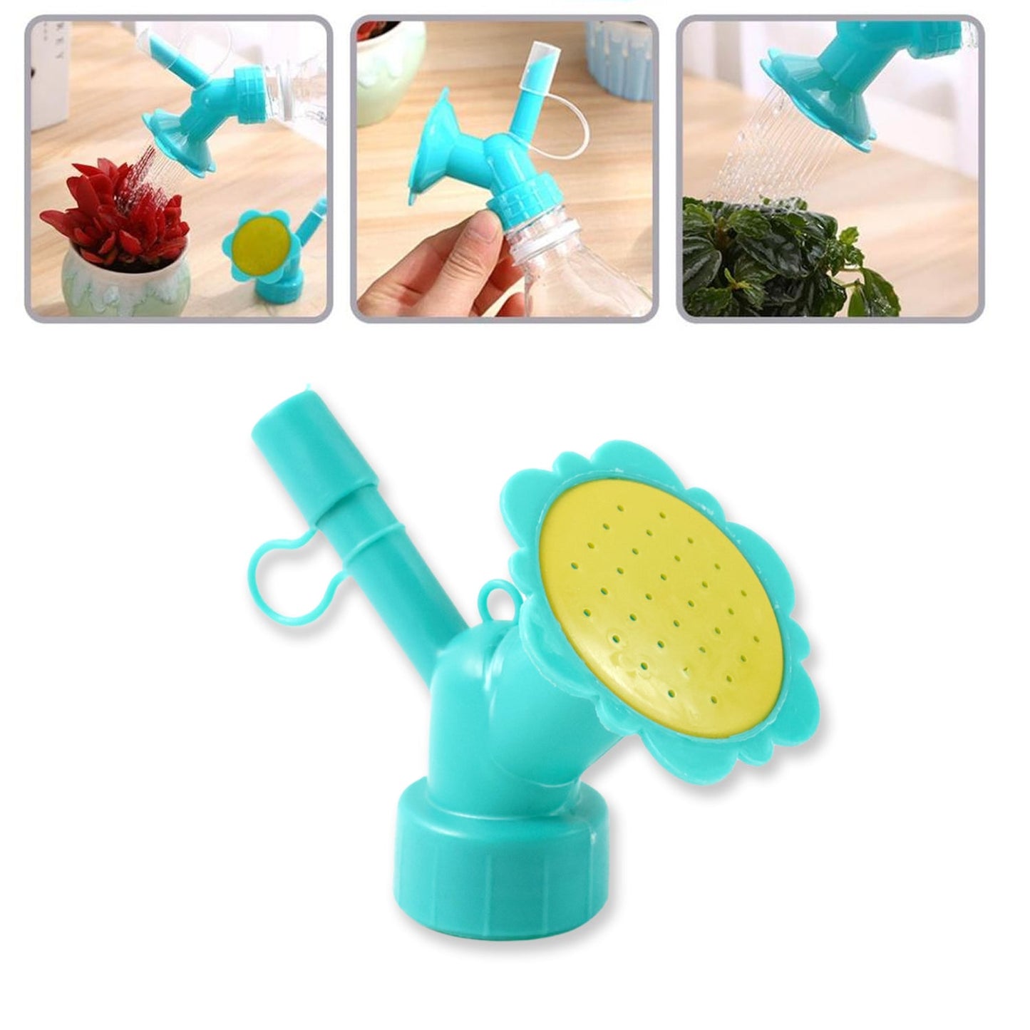Water flow from plastic bottle nozzle sprinkler head for gentle plant watering