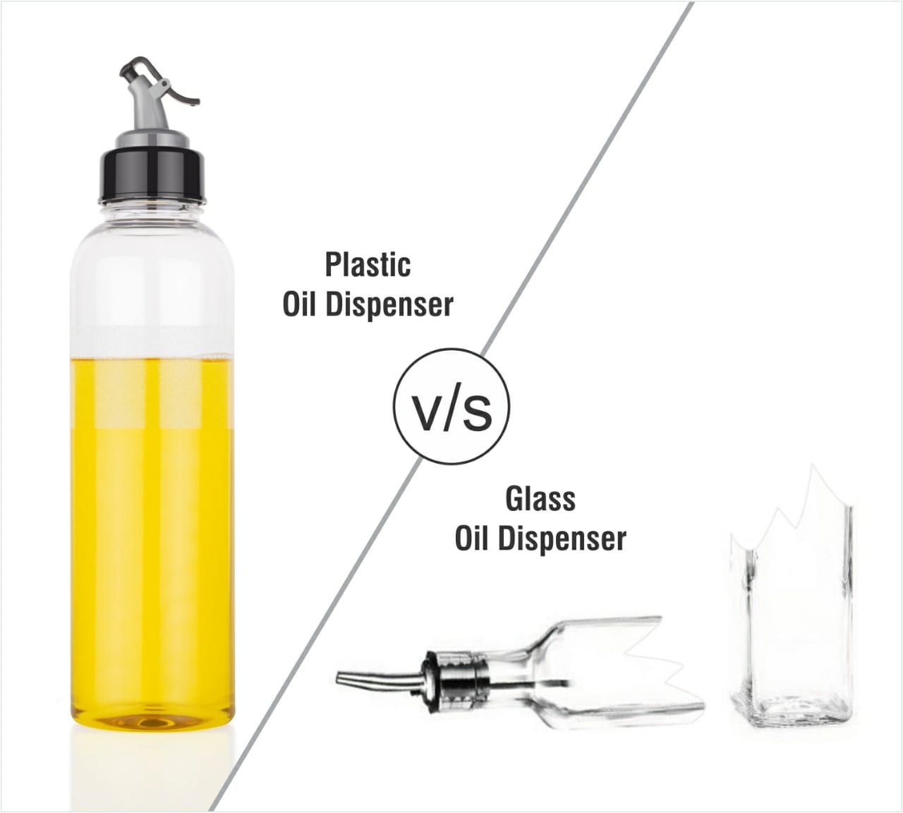 Clear 1 litre oil dispenser on a kitchen counter, ready for use.