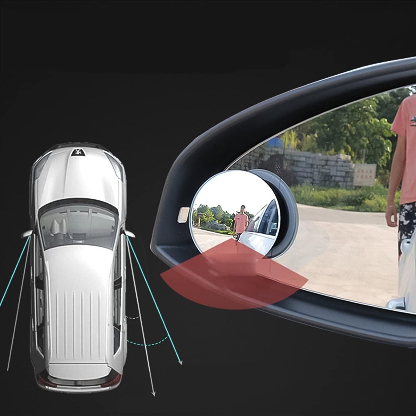 Diagram illustrating the expanded field of view provided by a car blind spot mirror.