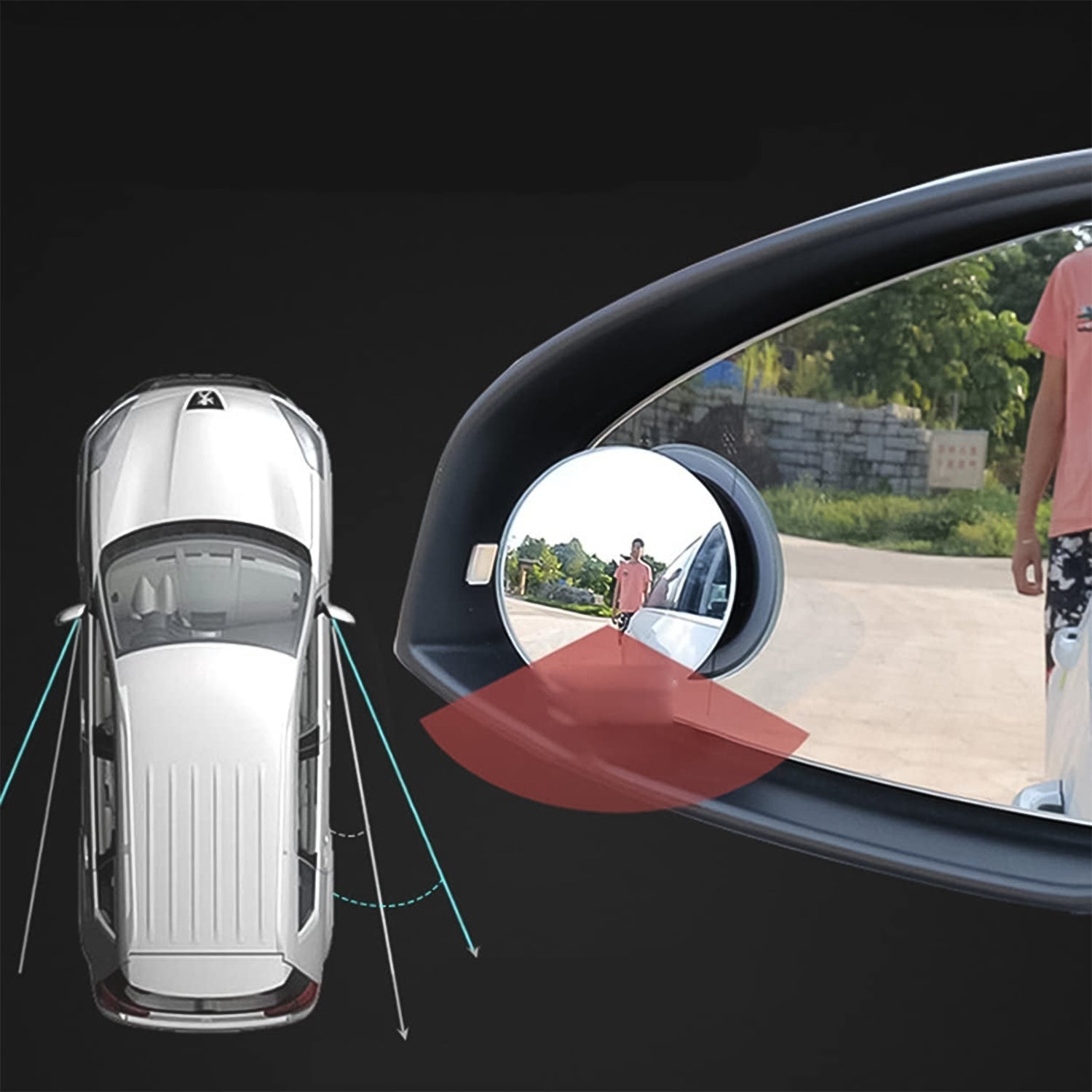 Diagram illustrating the expanded field of view provided by a car blind spot mirror.