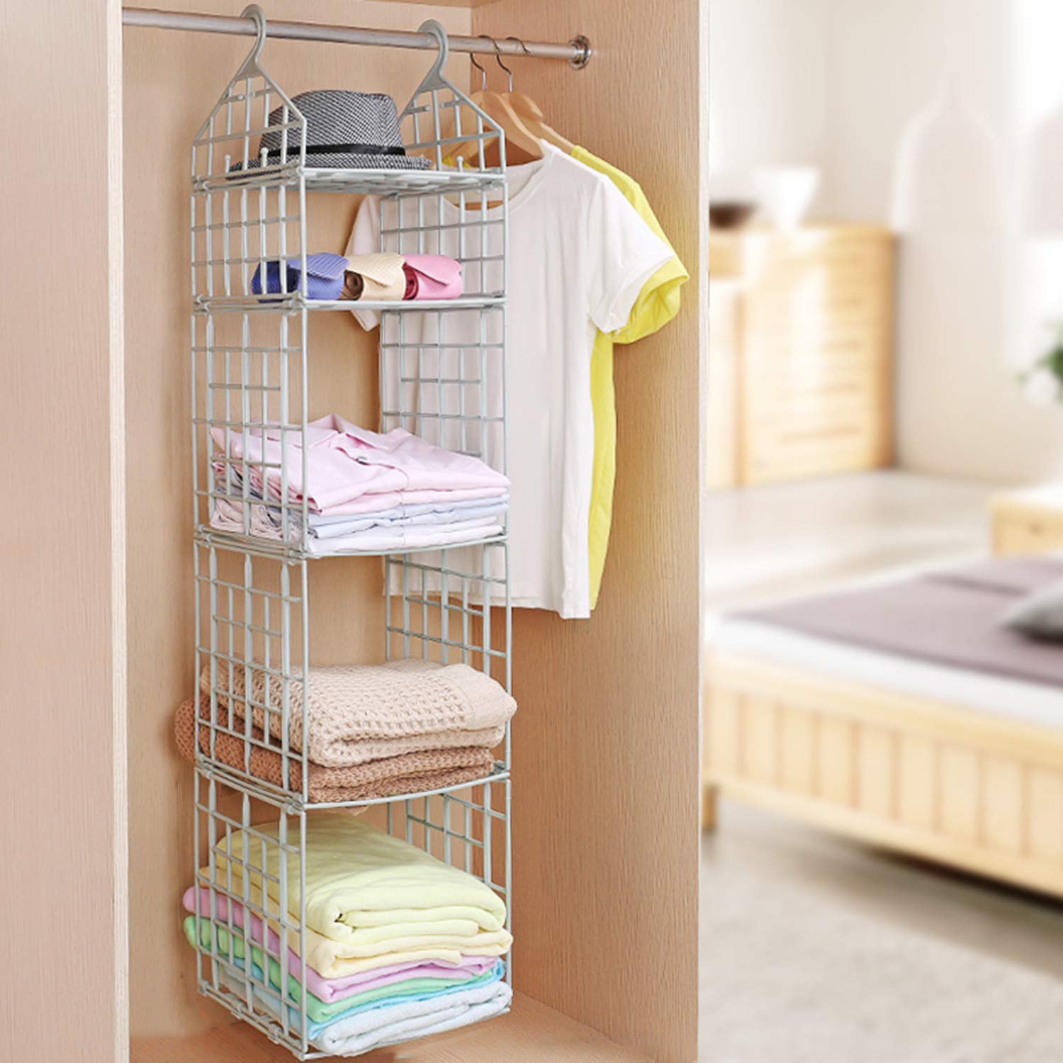 Close-up detail of the durable layers and smooth hanging rods of the innovative clothes organizer.