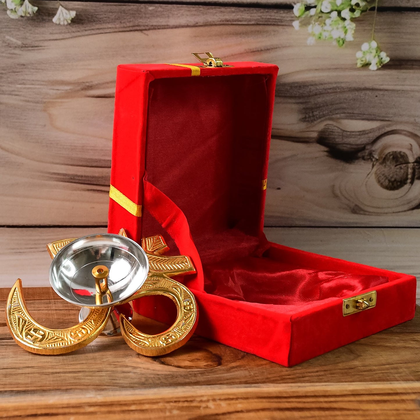 Decorative Om Symbol Brass Oil Diya with intricate carvings and swastik motifs