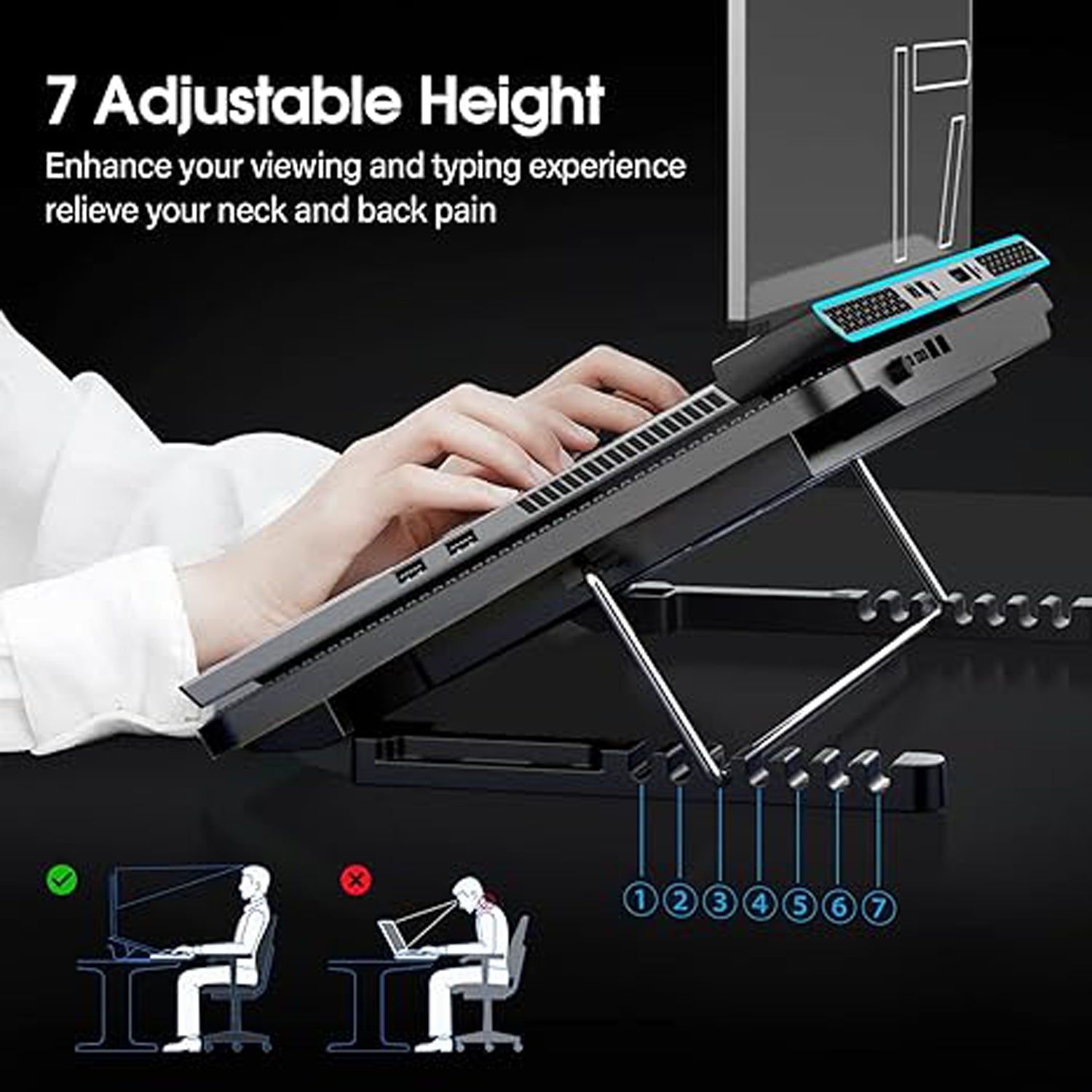 Sleek black laptop cooling pad with blue LED lights and two quiet fans.