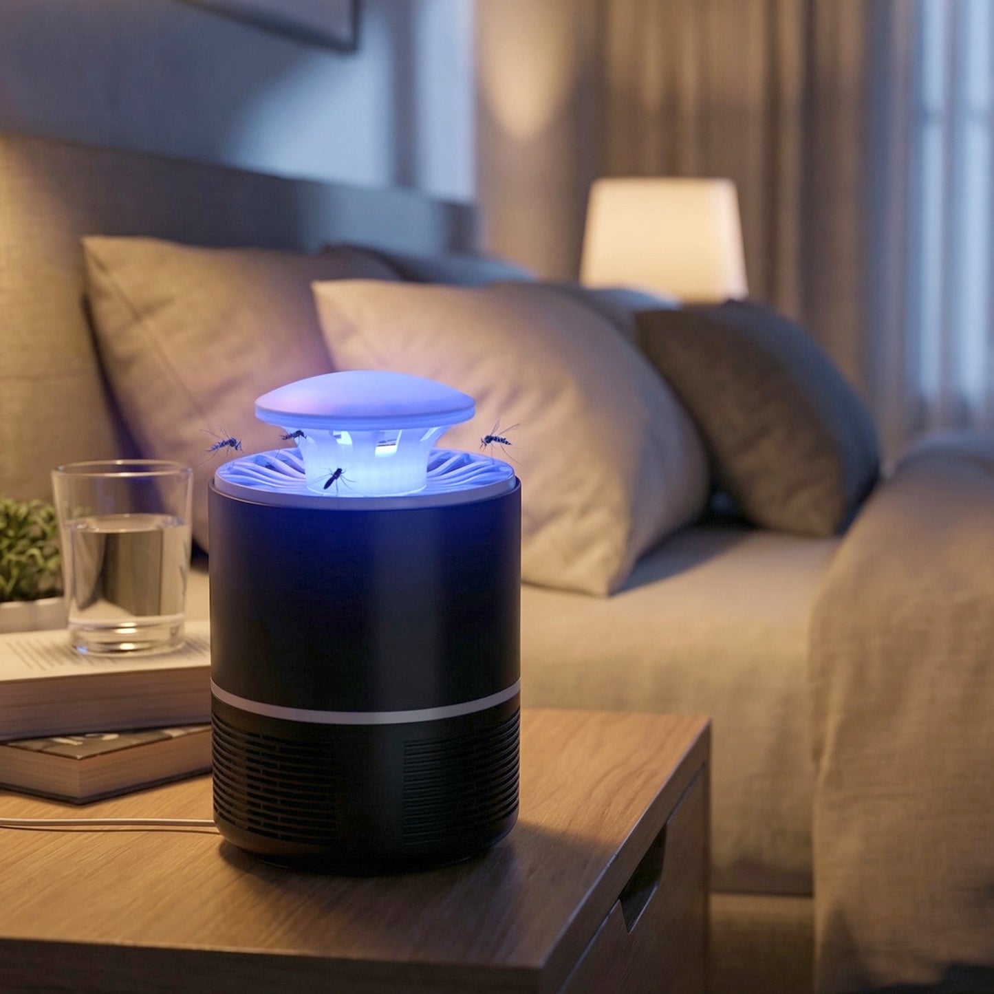 Close-up of the mosquito killer lamp's UV light and electric grid