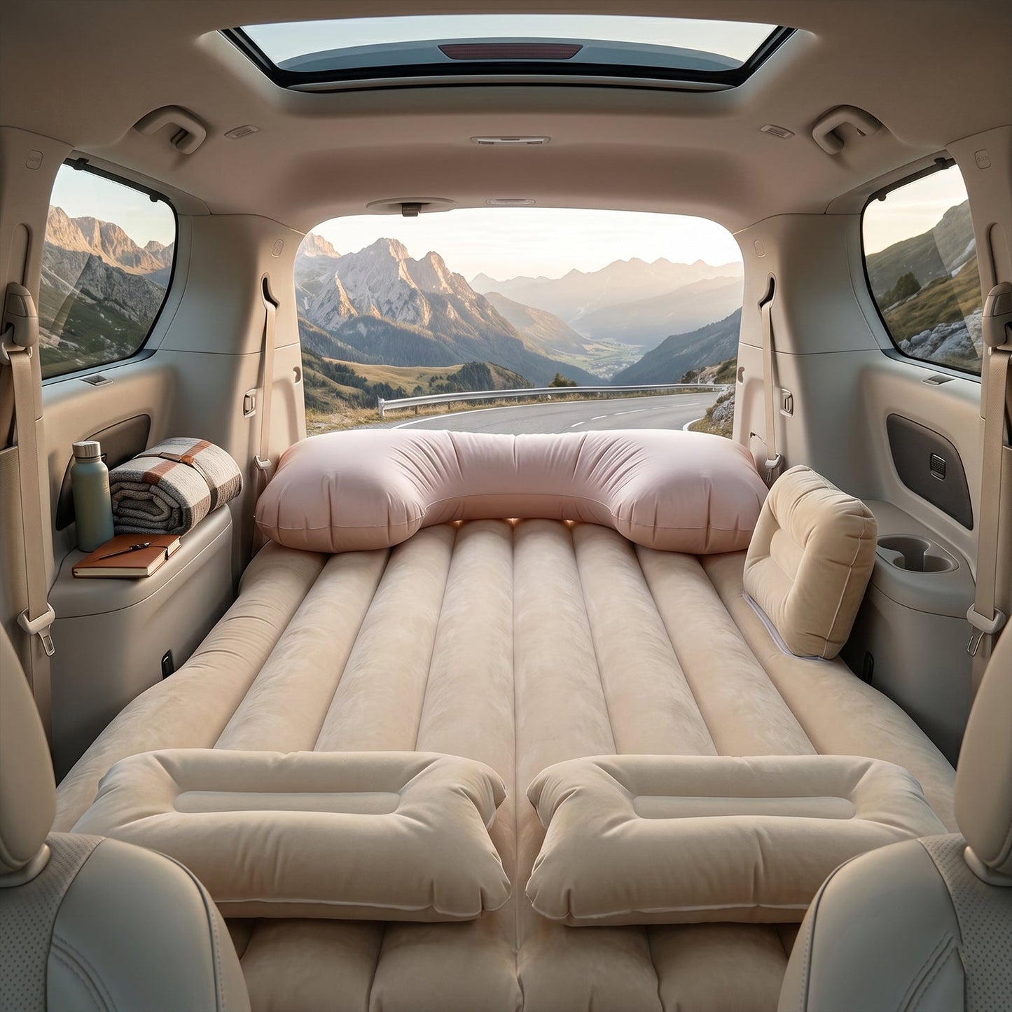 Car travel air bed with pump and supporting cushions