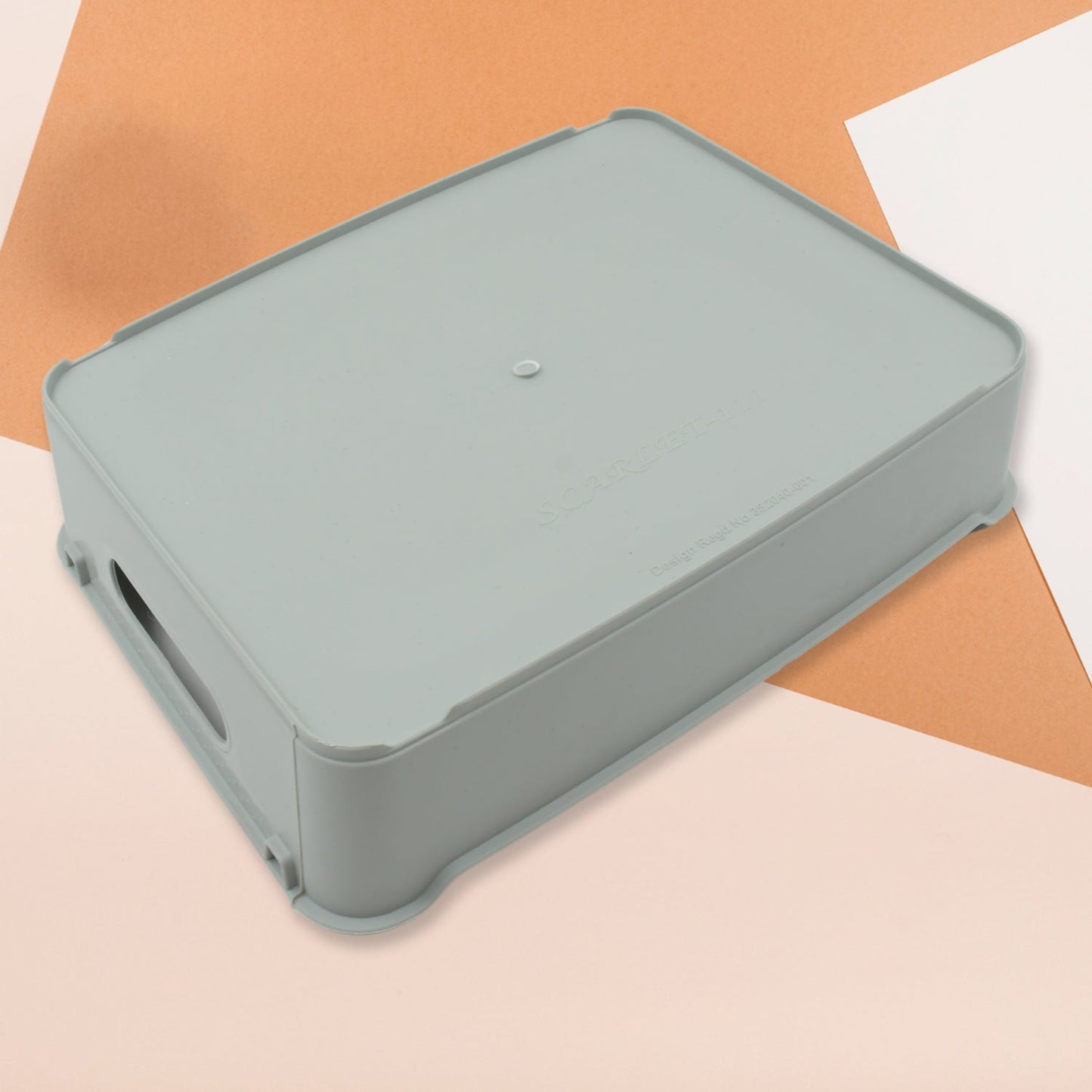 Plastic storage trays with flat base neatly arranged inside a cabinet
