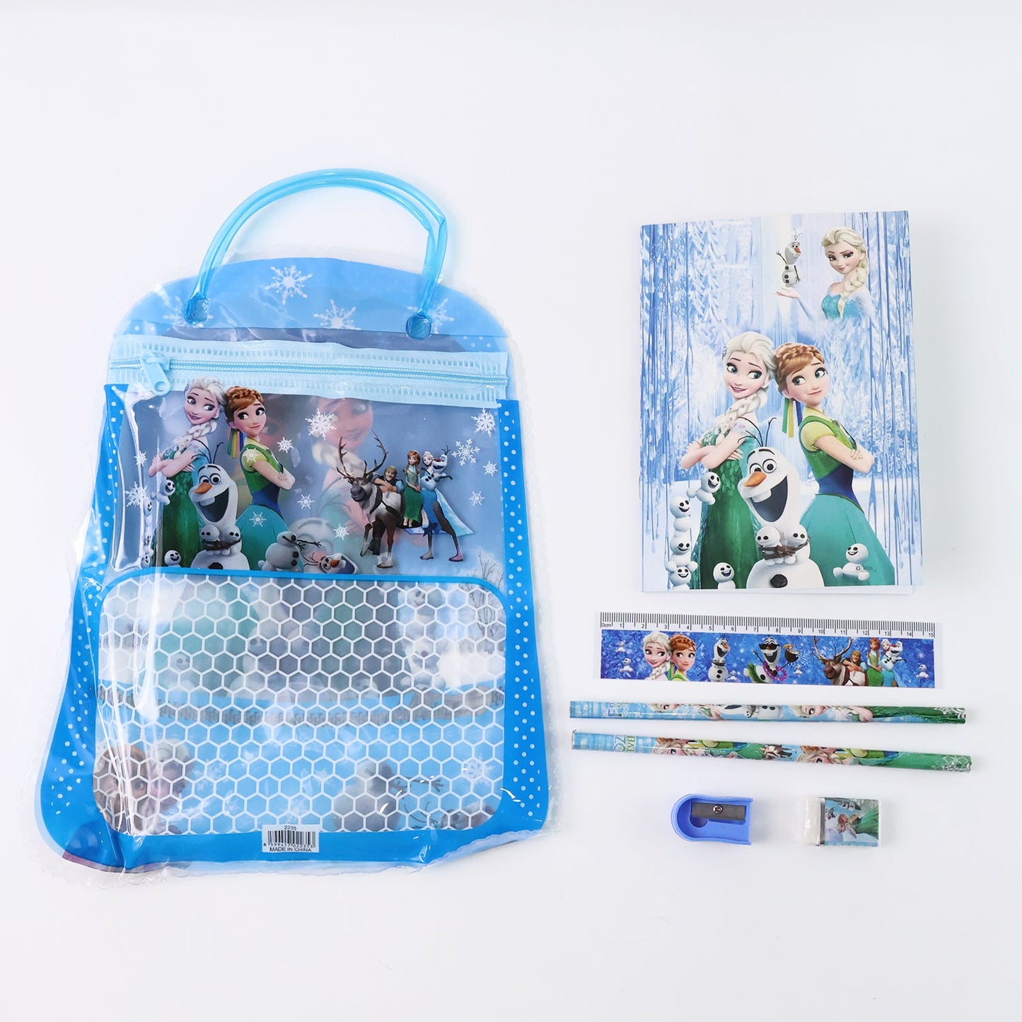 Open zip bag showcasing the neatly organized kids stationery items inside.