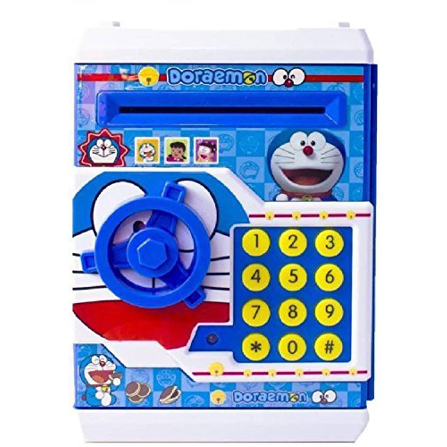 Kid entering a secret password on the electronic money saving toy.