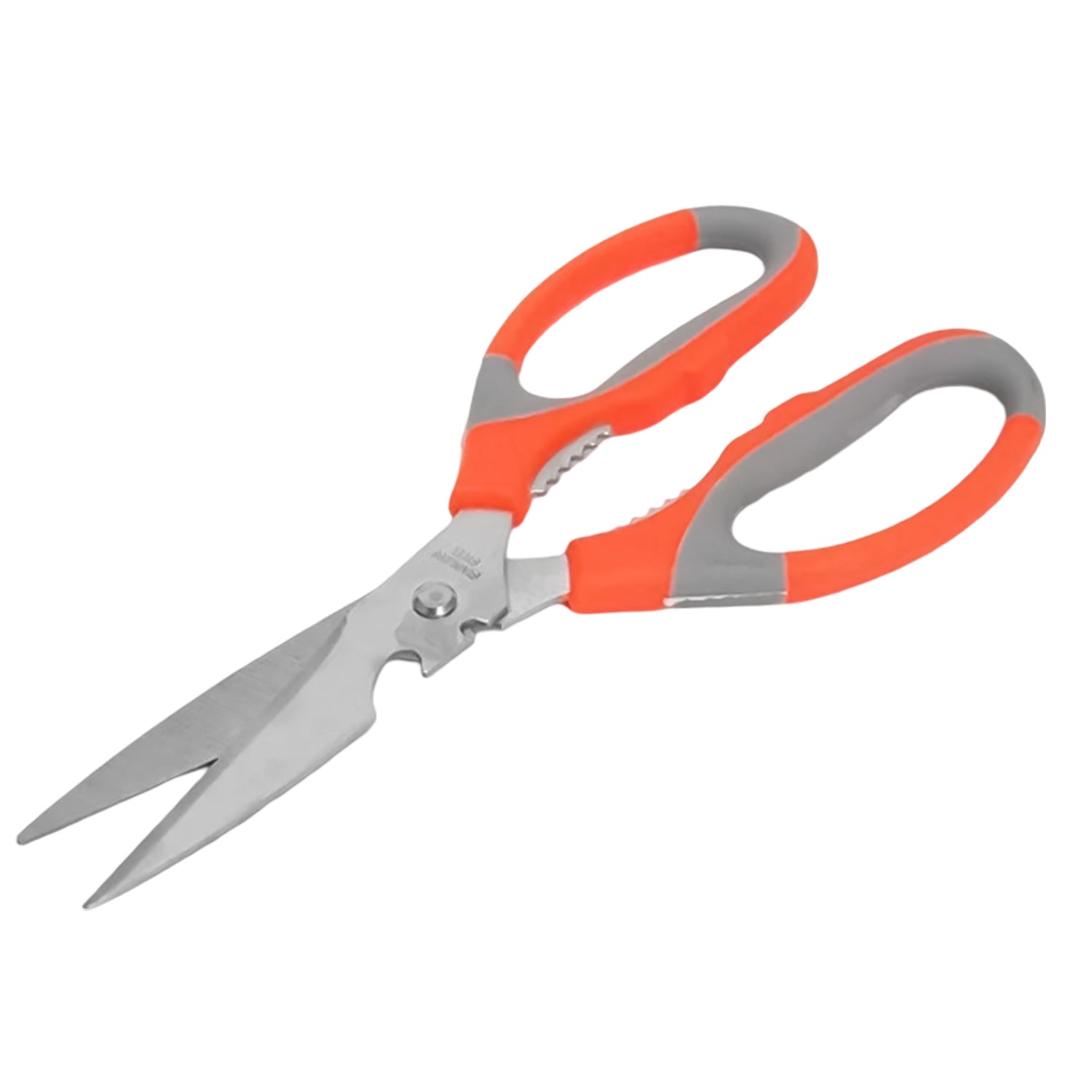 Stainless steel kitchen scissors cutting a piece of meat, demonstrating their strong grip and sharp edge.