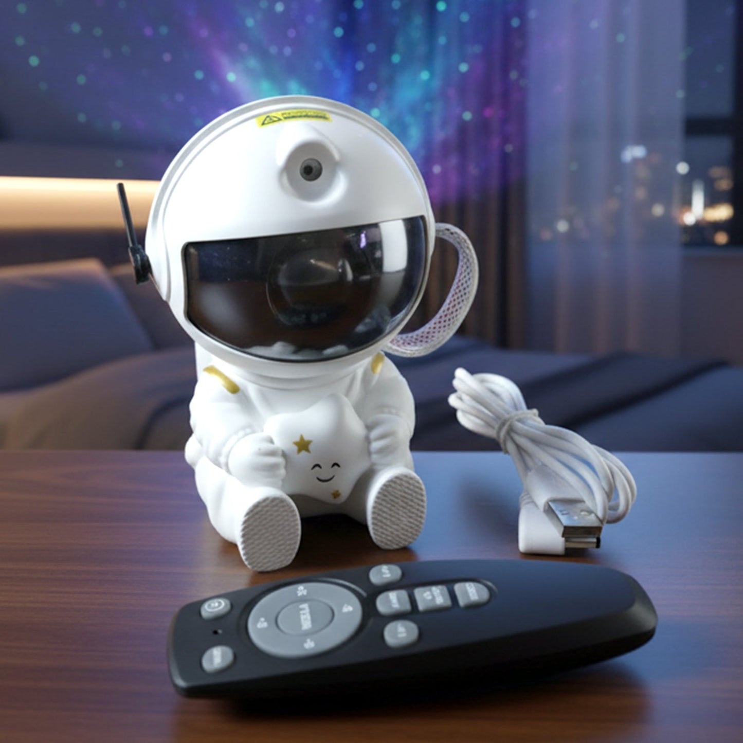 Close-up detail of astronaut galaxy projector lamp buttons