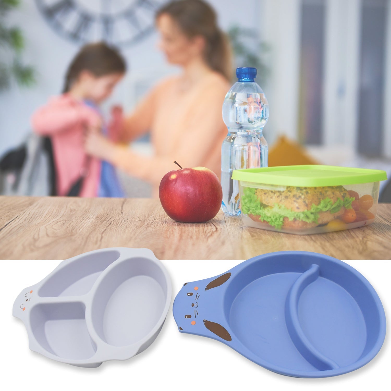 A happy child using the colourful bamboo fibre baby feeding set, enjoying their mealtime independently.
