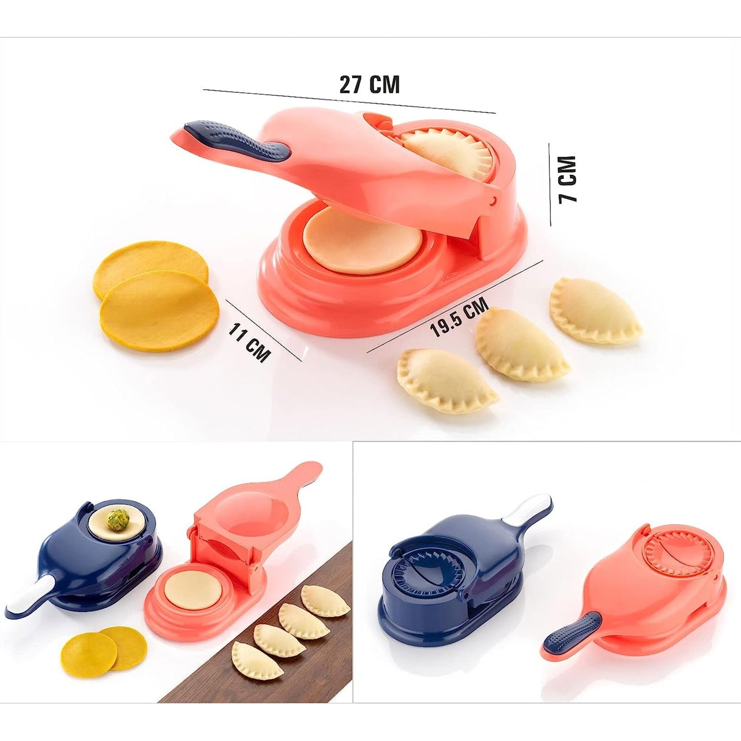 Side view of the ergonomic Gujiya dumpling press in action.