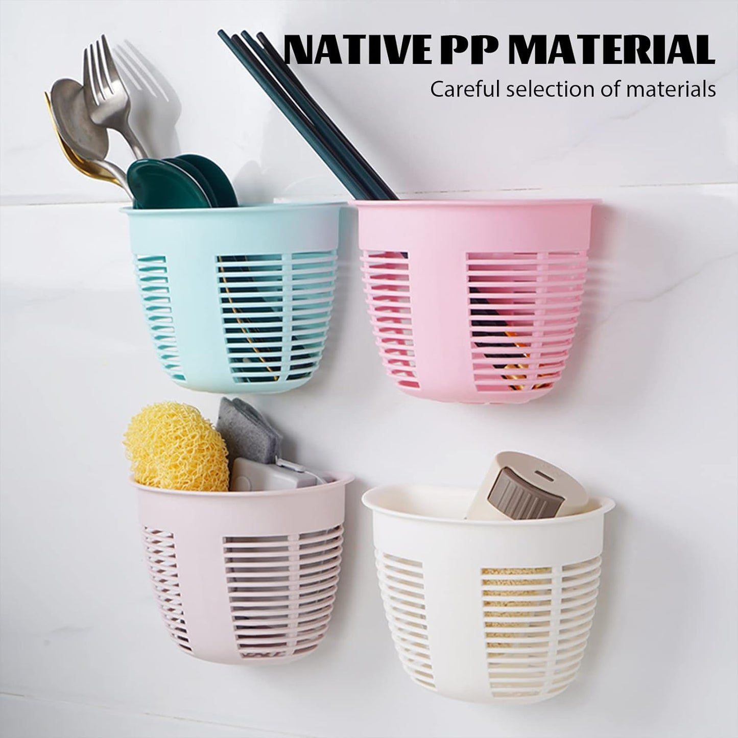 Hanging plastic storage basket used as a makeup holder, organized with cosmetics.