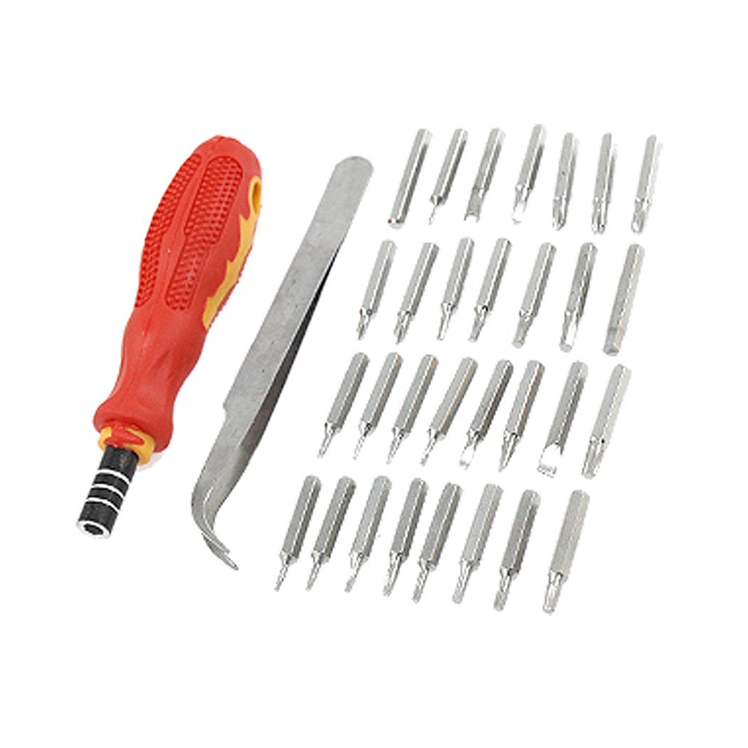 Magnetic screwdriver set components including driver, extension, and multiple precision bits.