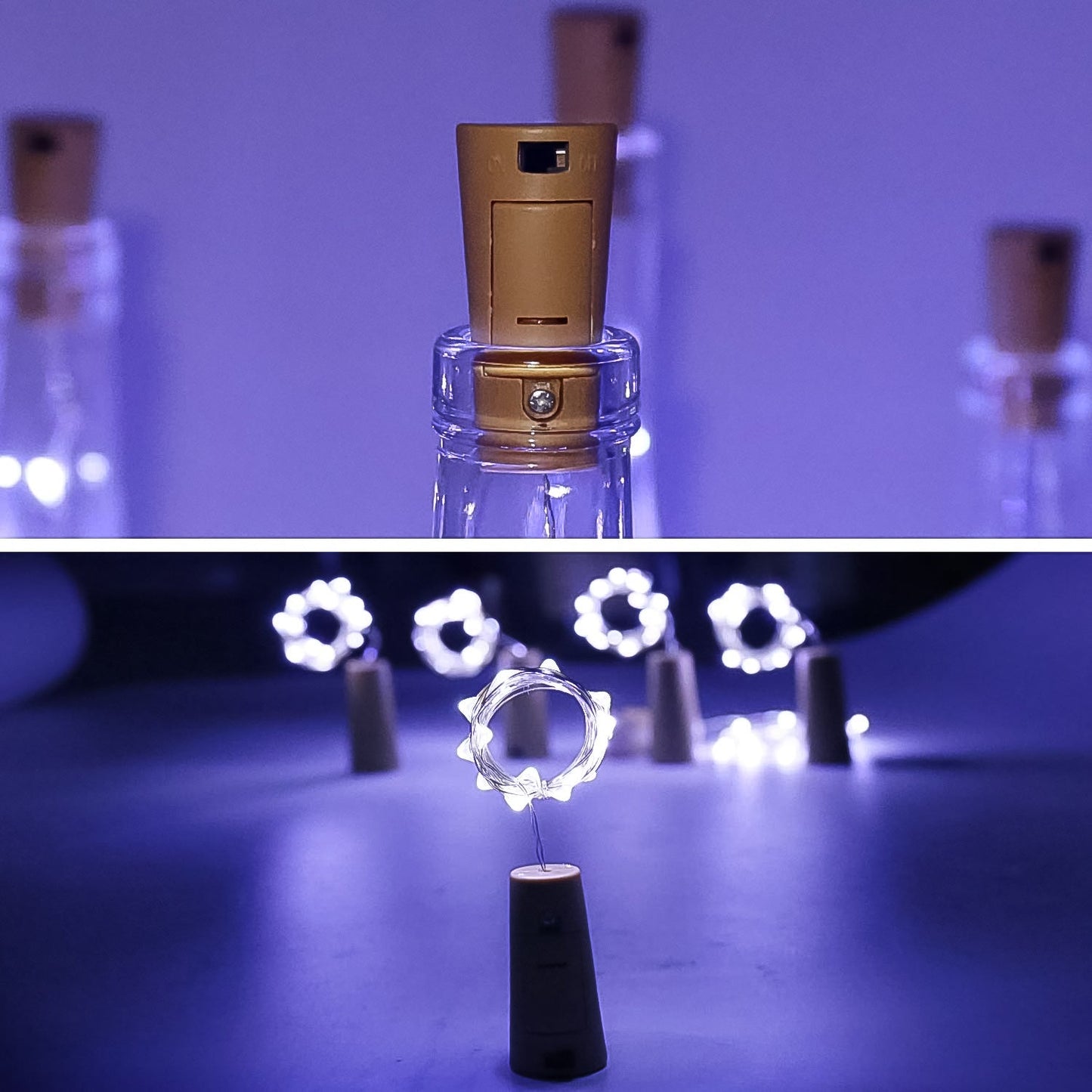A glowing wine bottle cork string light with multi-color LEDs, perfect for festive decor.